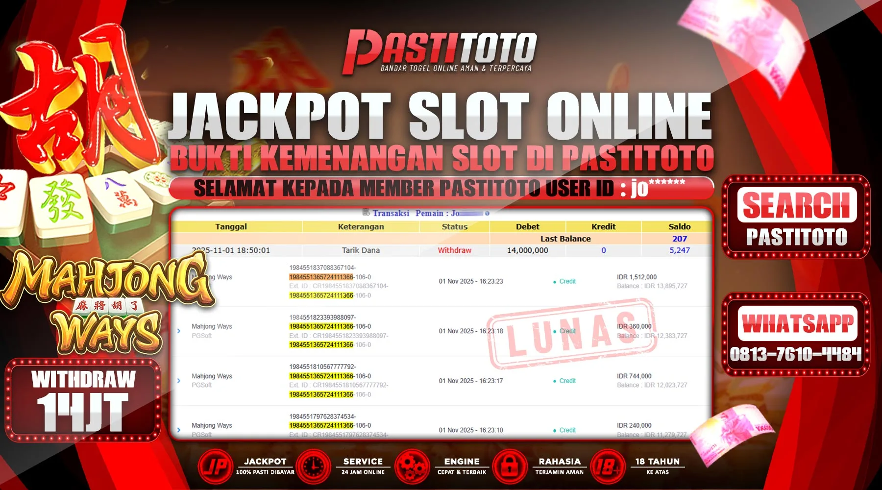 PASTITOTO JACKPOT SLOT ONLINE RP. 14.000.000,- LUNAS