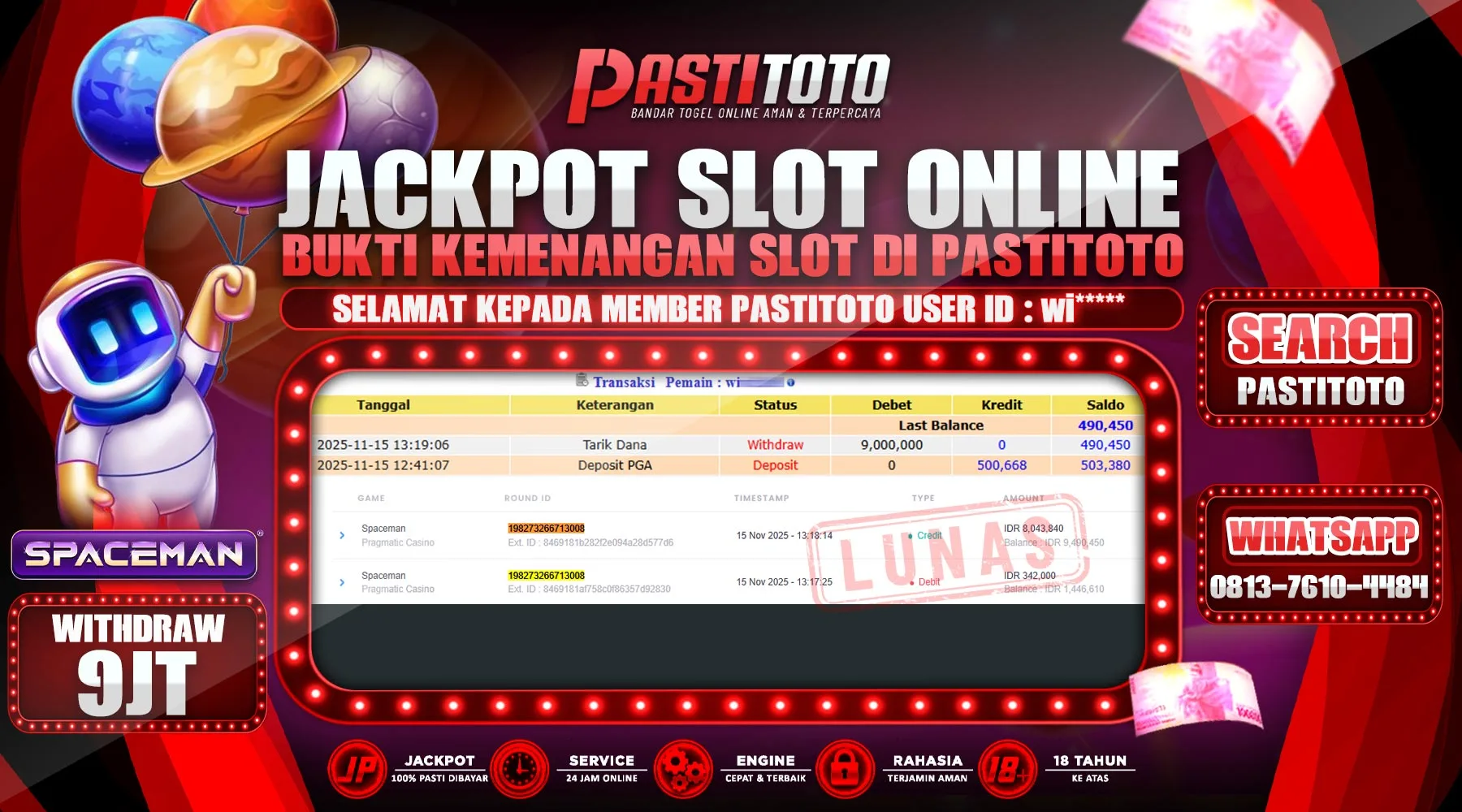 PASTITOTO JACKPOT SLOT ONLINE RP. 9.000.000,- LUNAS