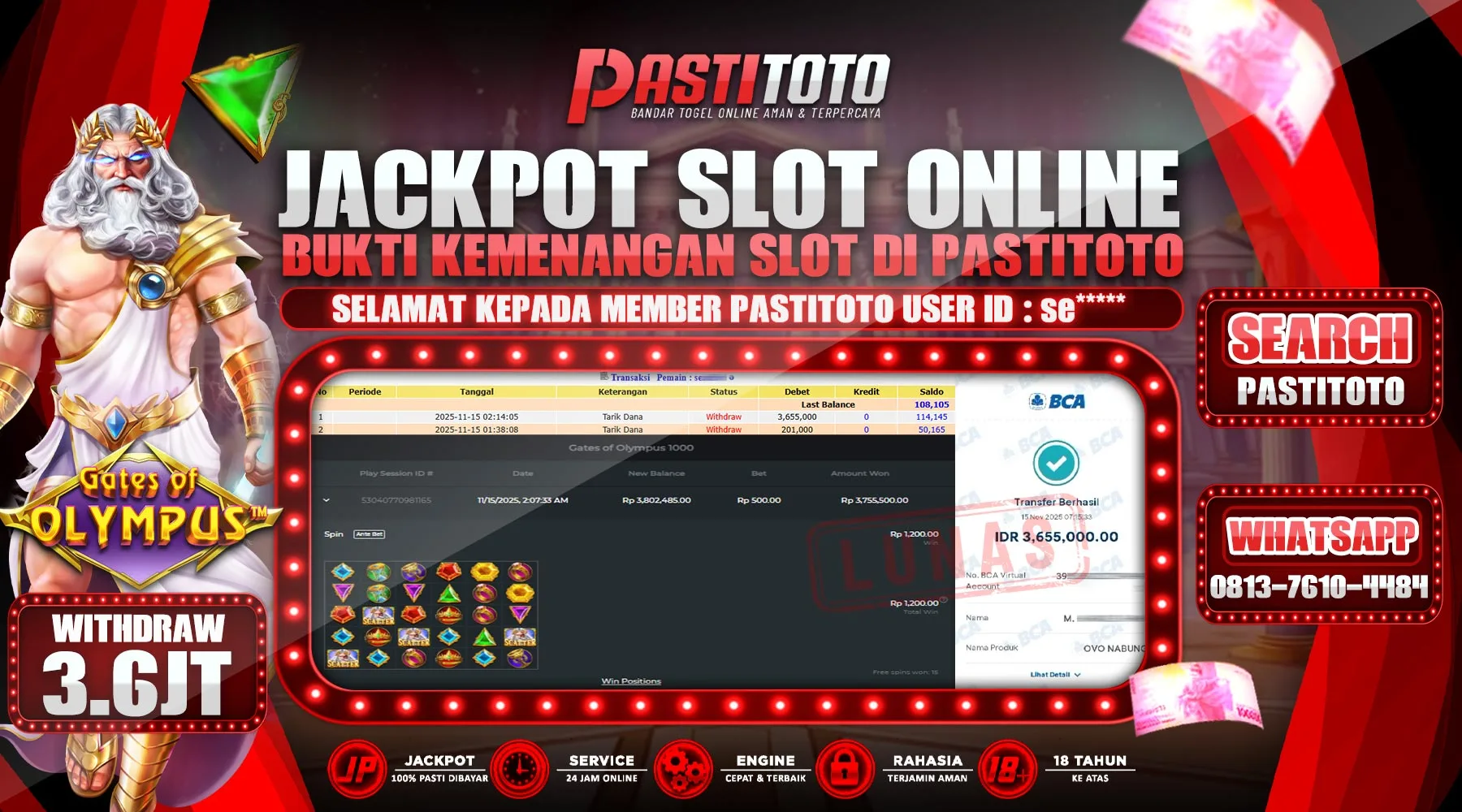 PASTITOTO JACKPOT SLOT ONLINE RP. 3.600.000,- LUNAS