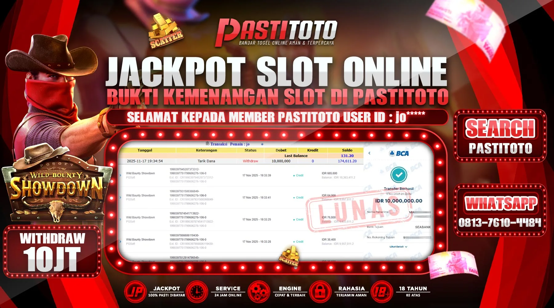 PASTITOTO JACKPOT SLOT ONLINE RP. 10.000.000,- LUNAS