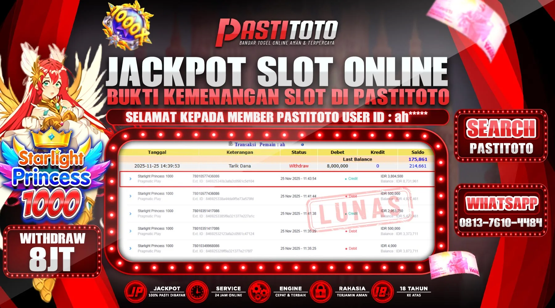 PASTITOTO JACKPOT SLOT ONLINE RP. 8.000.000,- LUNAS