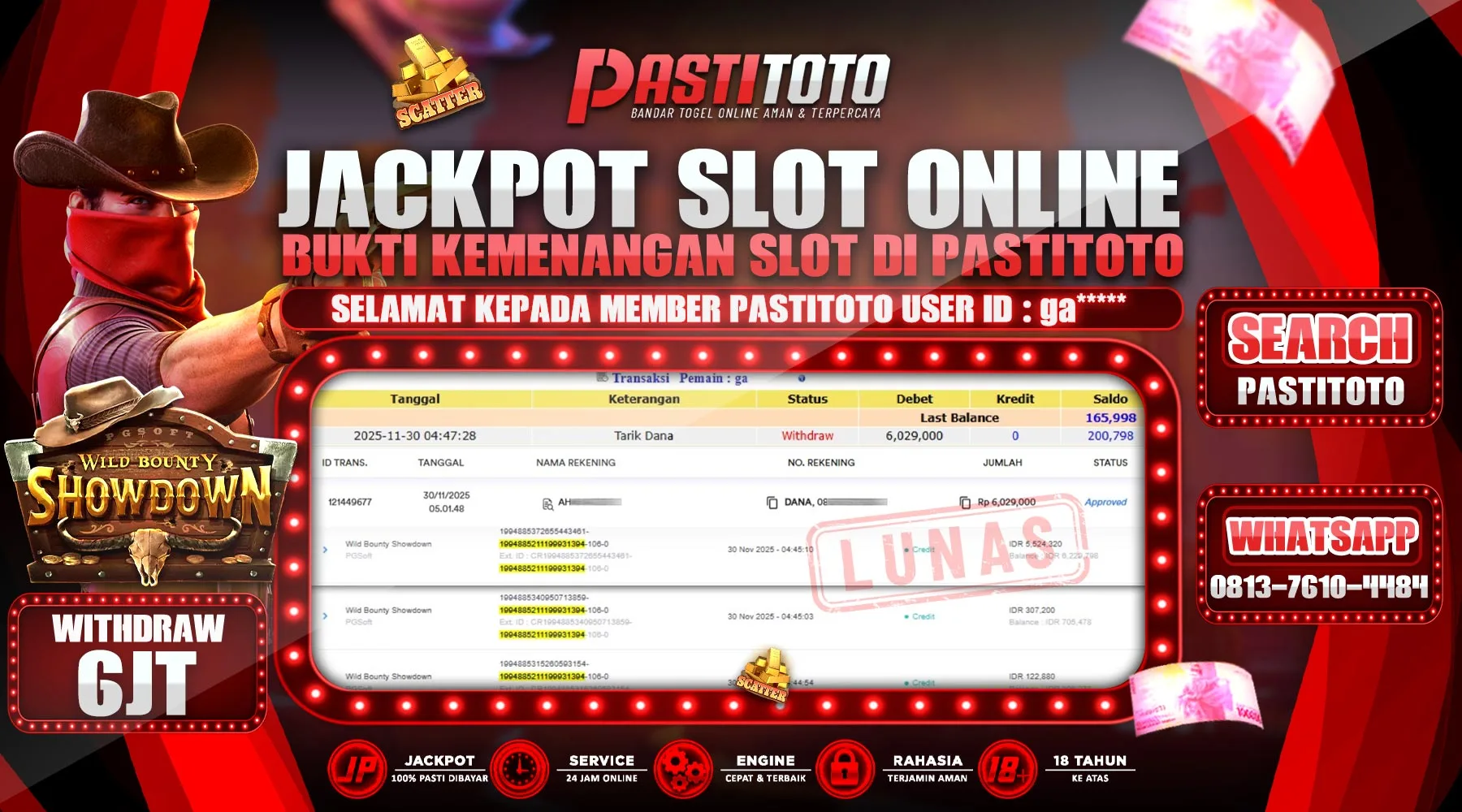 PASTITOTO JACKPOT SLOT ONLINE RP. 6.000.000,- LUNAS
