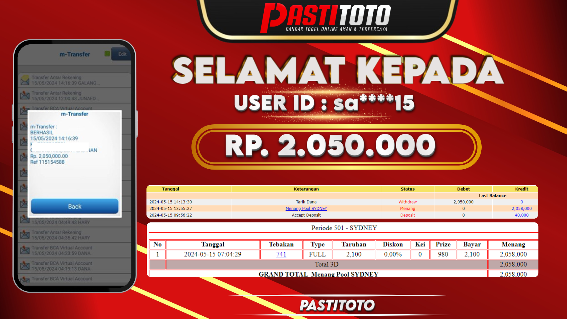PASTITOTO JACKPOT TOGEL SYDNEY RP. 2.050.000,- LUNAS
