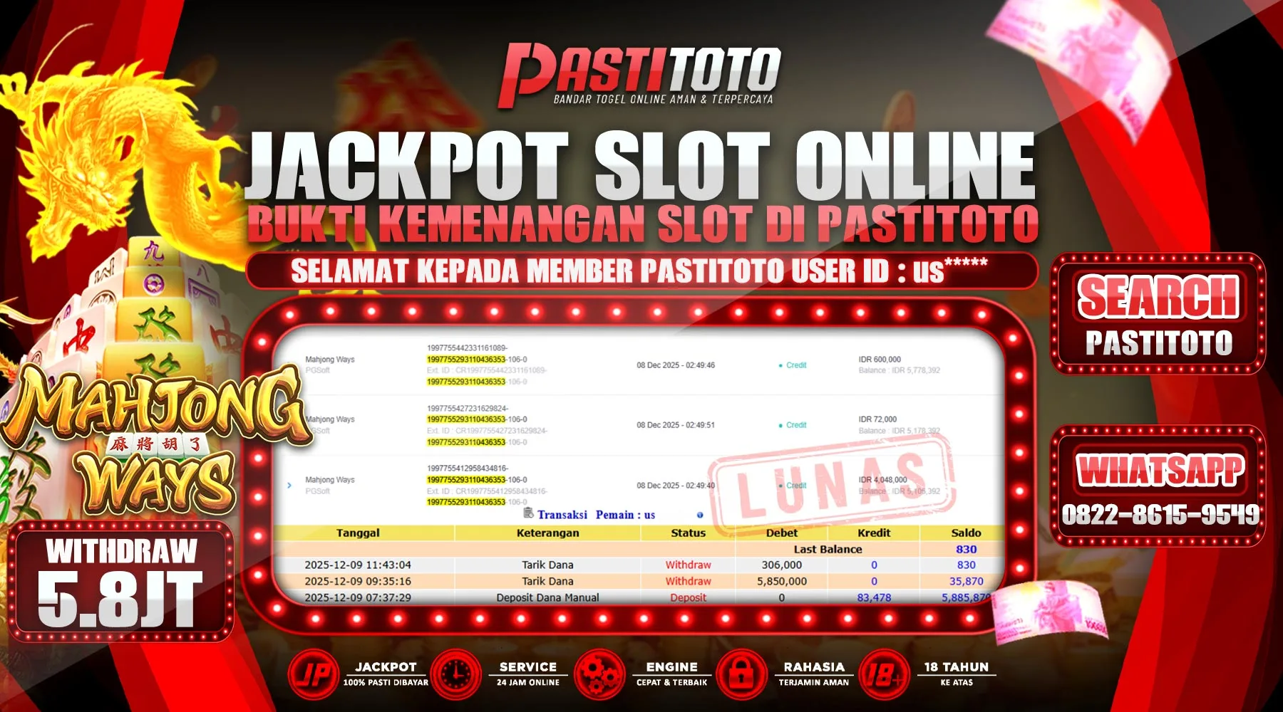PASTITOTO JACKPOT SLOT ONLINE RP. 5.800.000,- LUNAS