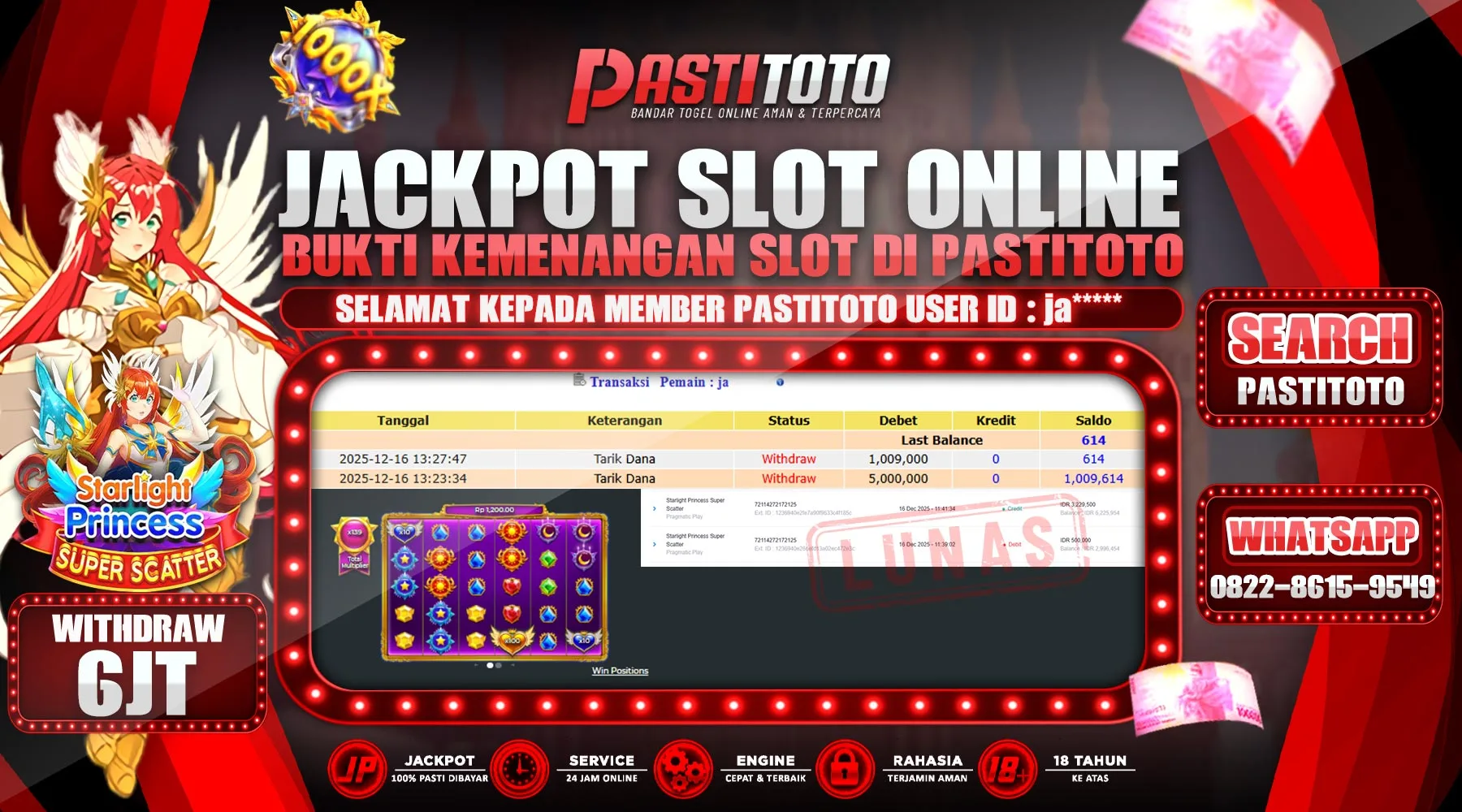 PASTITOTO JACKPOT SLOT ONLINE RP. 6.000.000,- LUNAS