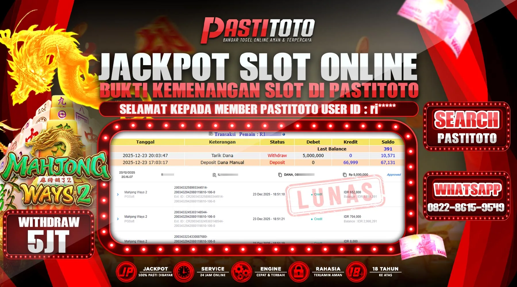 PASTITOTO JACKPOT SLOT ONLINE RP. 5.000.000,- LUNAS