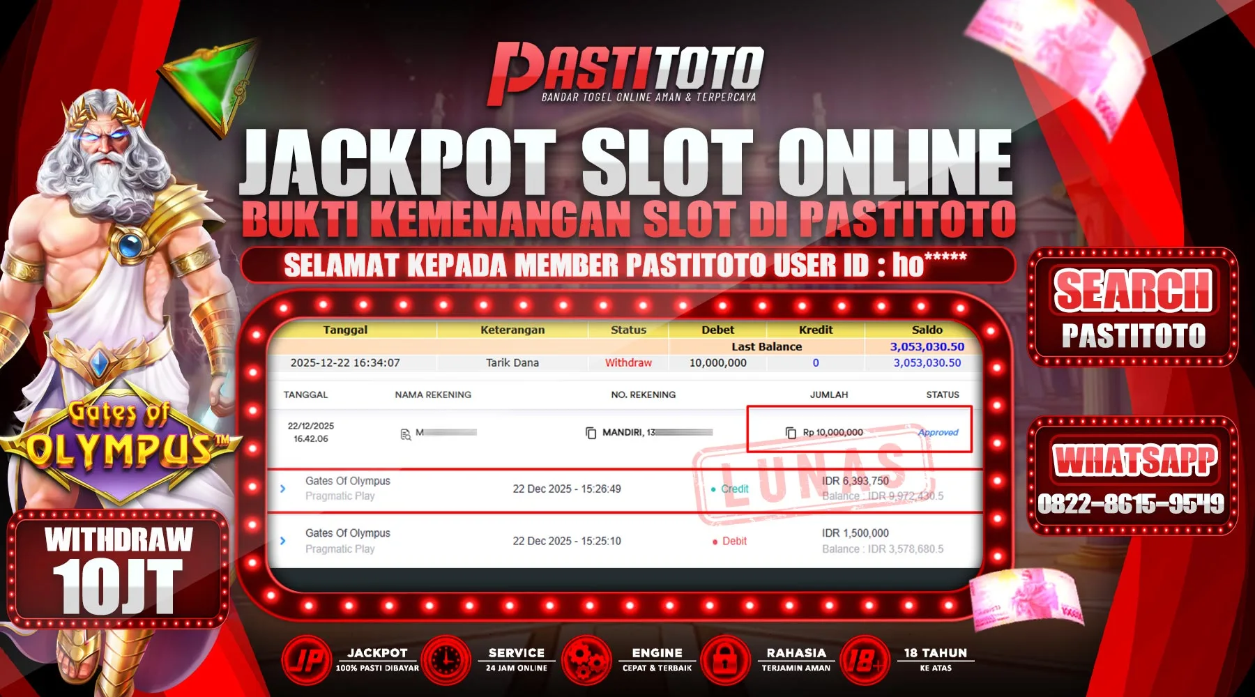 PASTITOTO JACKPOT SLOT ONLINE RP. 10.000.000,- LUNAS