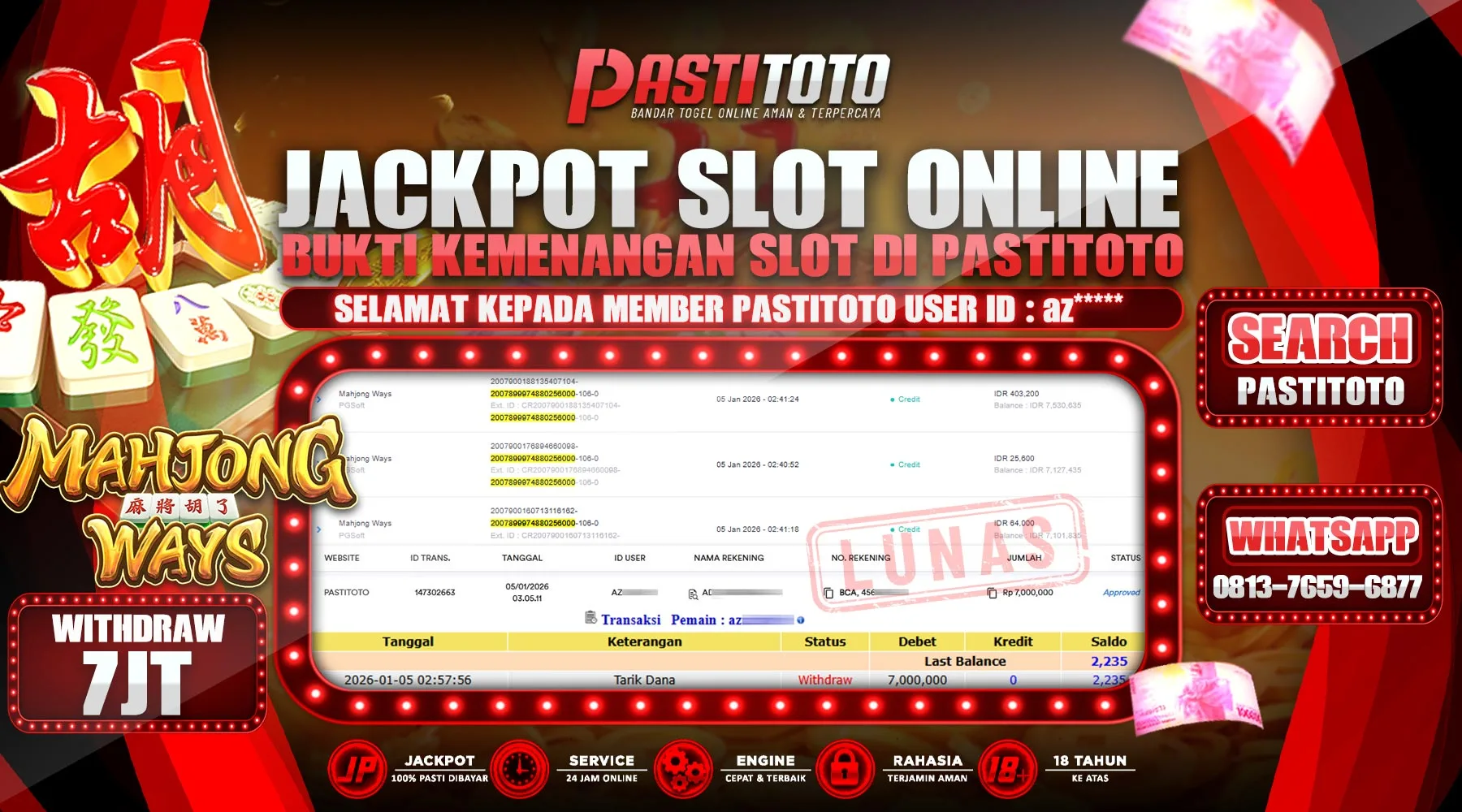 PASTITOTO JACKPOT SLOT ONLINE RP. 7.000.000,- LUNAS
