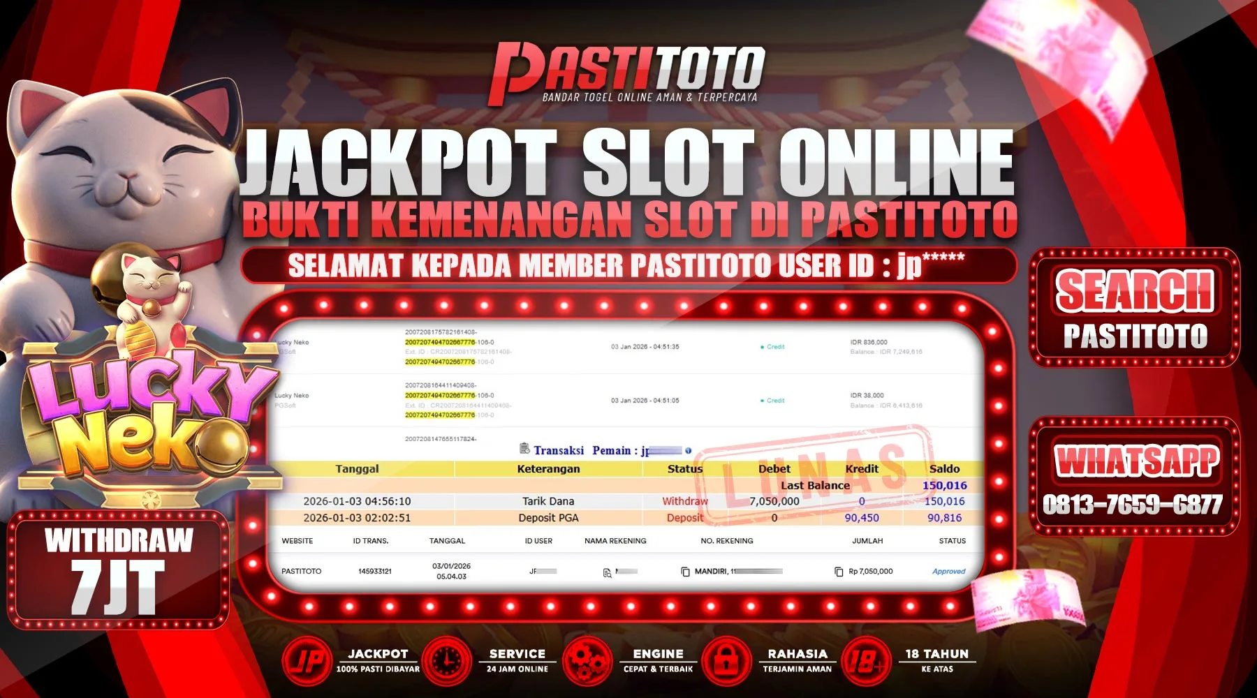 PASTITOTO JACKPOT SLOT ONLINE RP. 7.000.000,- LUNAS