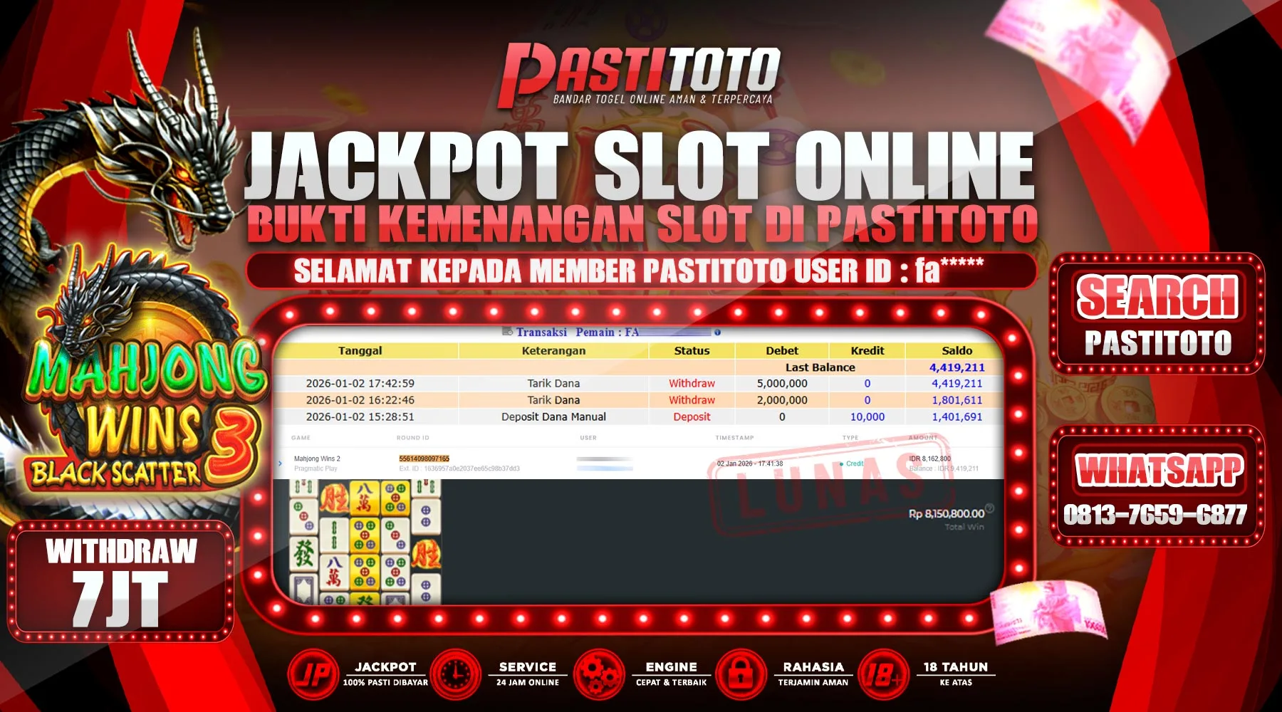 PASTITOTO JACKPOT SLOT ONLINE RP. 7.000.000,- LUNAS