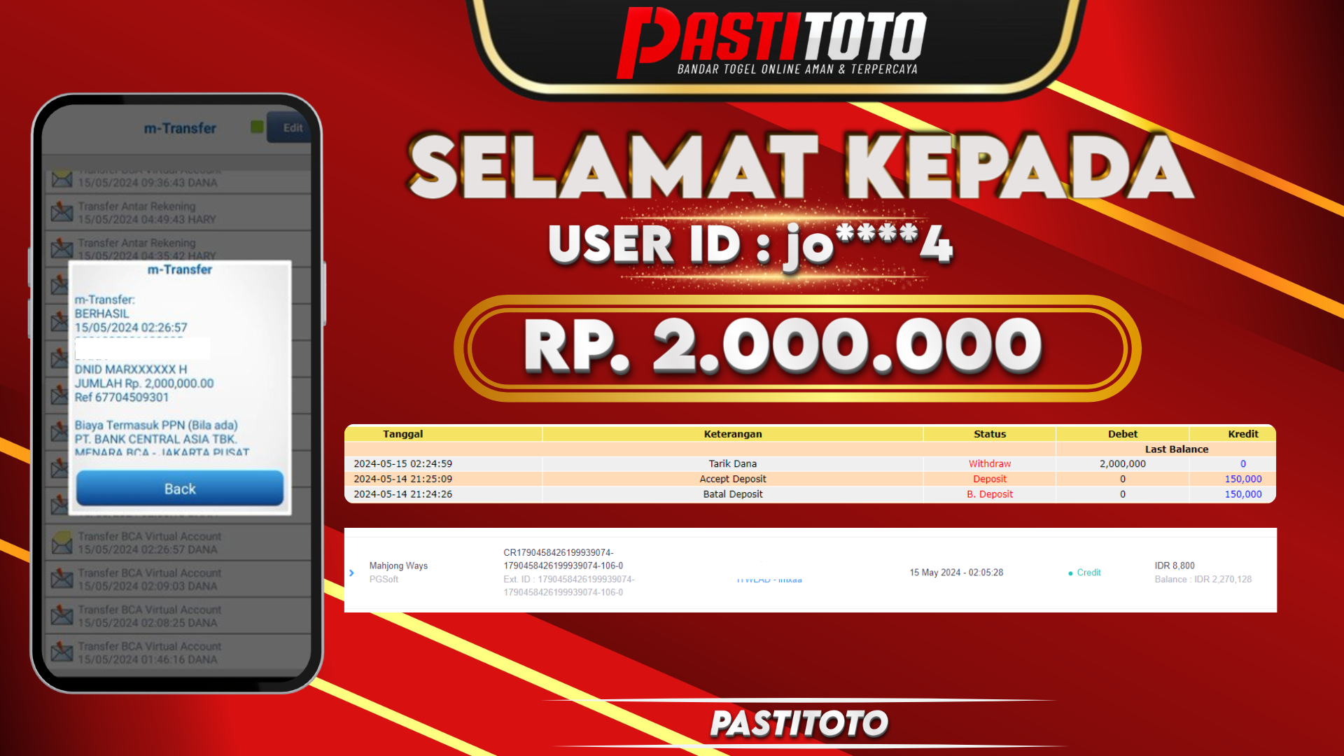 PASTITOTO JACKPOT SLOT GAME RP. 2.000.000,- LUNAS