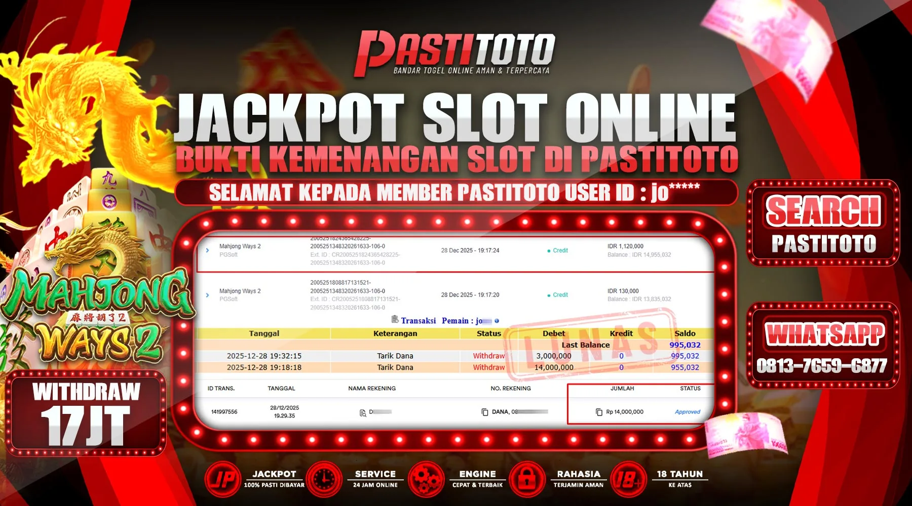 PASTITOTO JACKPOT SLOT ONLINE RP. 17.000.000,- LUNAS