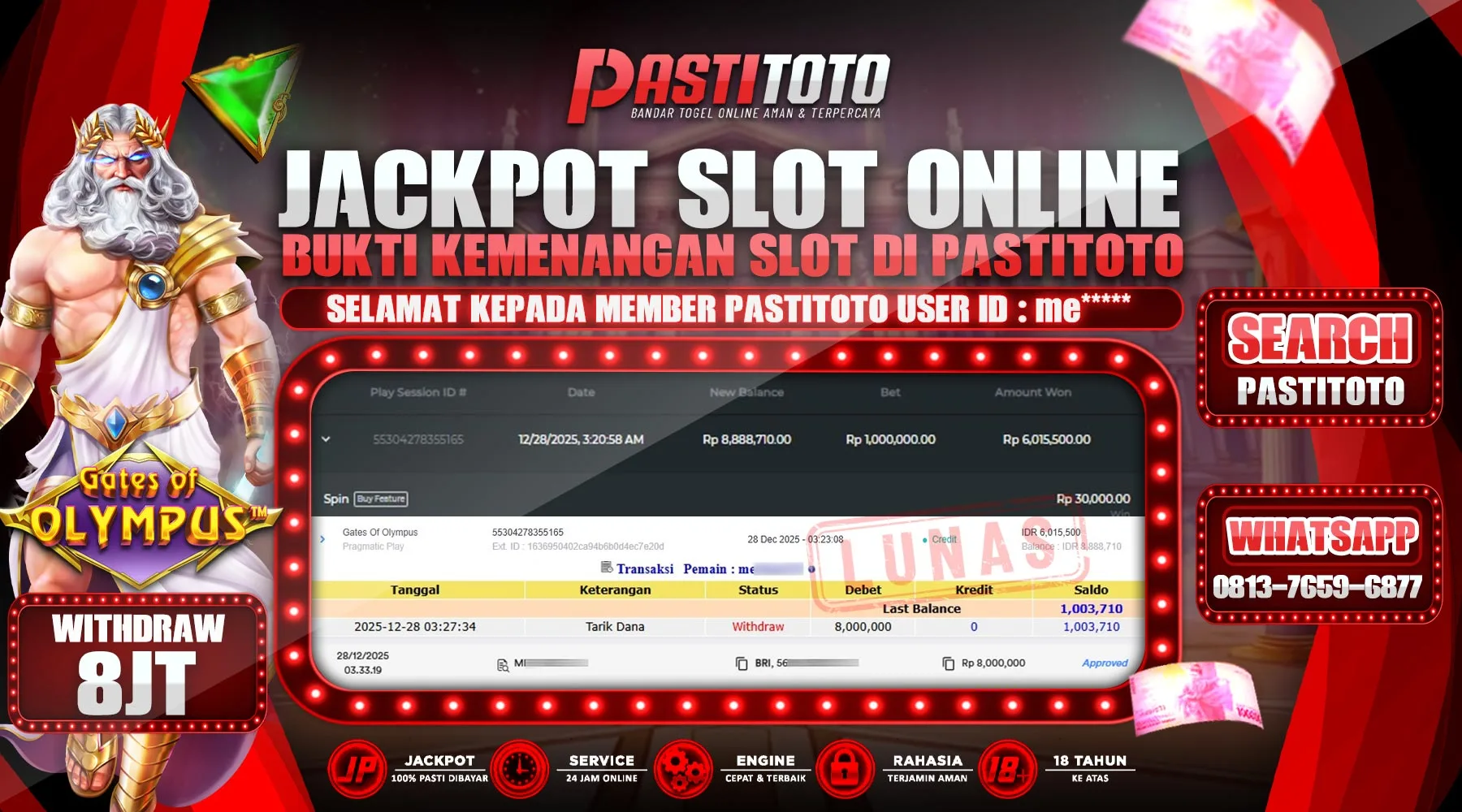 PASTITOTO JACKPOT SLOT ONLINE RP. 8.000.000,- LUNAS