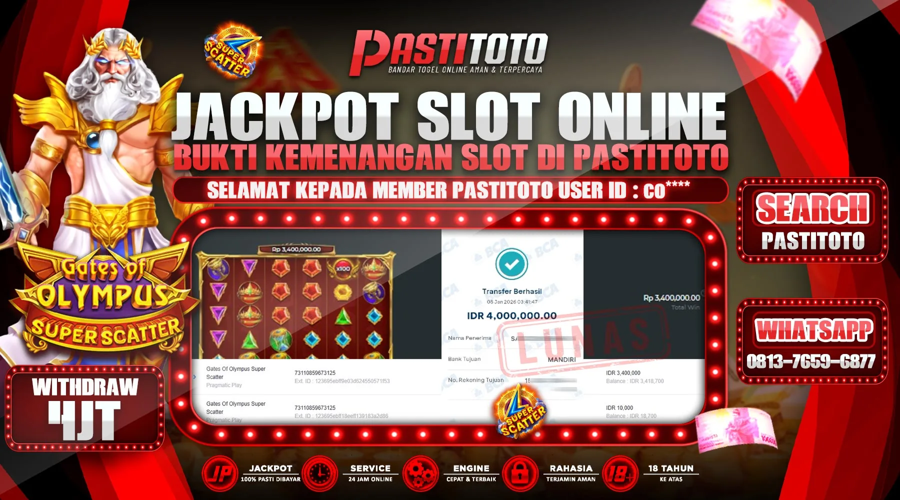 PASTITOTO JACKPOT SLOT ONLINE RP. 4.000.000,- LUNAS