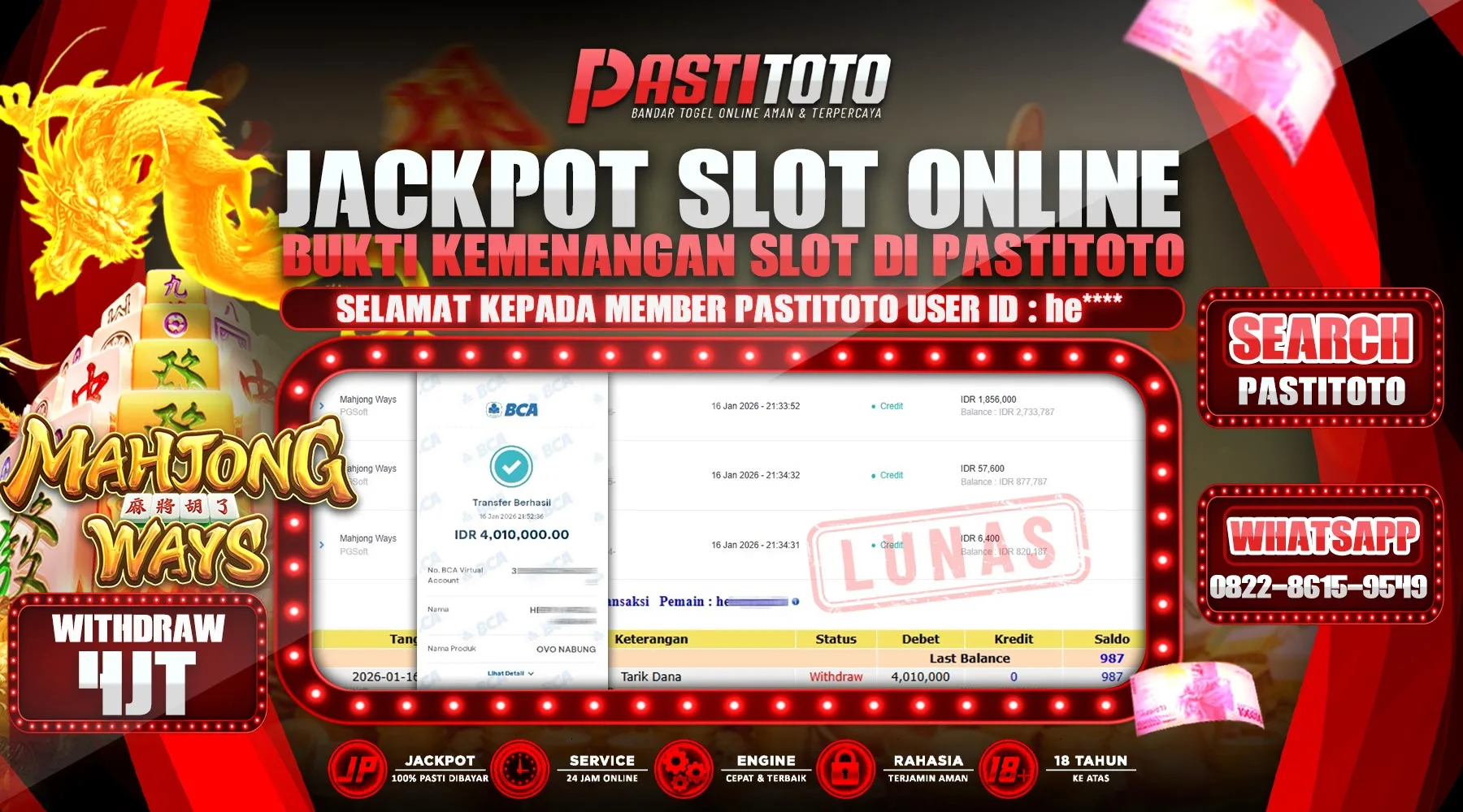 PASTITOTO JACKPOT SLOT ONLINE RP. 4.000.000,- LUNAS
