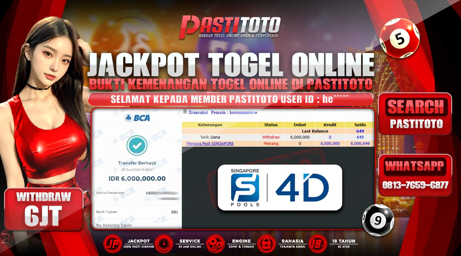 PASTITOTO JACKPOT TOGEL SINGAPORE RP. 6.000.000,- LUNAS