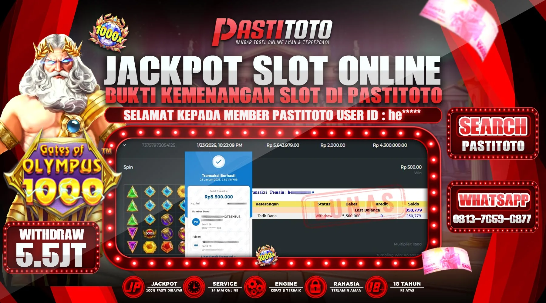 PASTITOTO JACKPOT SLOT GATES OF OLYMPUS 1000 RP. 5.500.000,- LUNAS