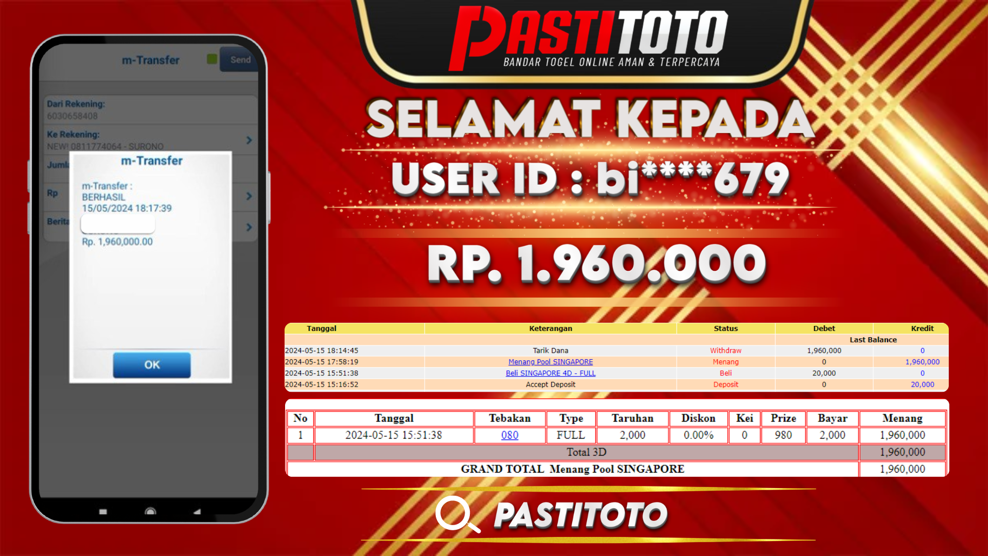 PASTITOTO JACKPOT TOGEL SINGAPORE RP. 1.960.000,- LUNAS