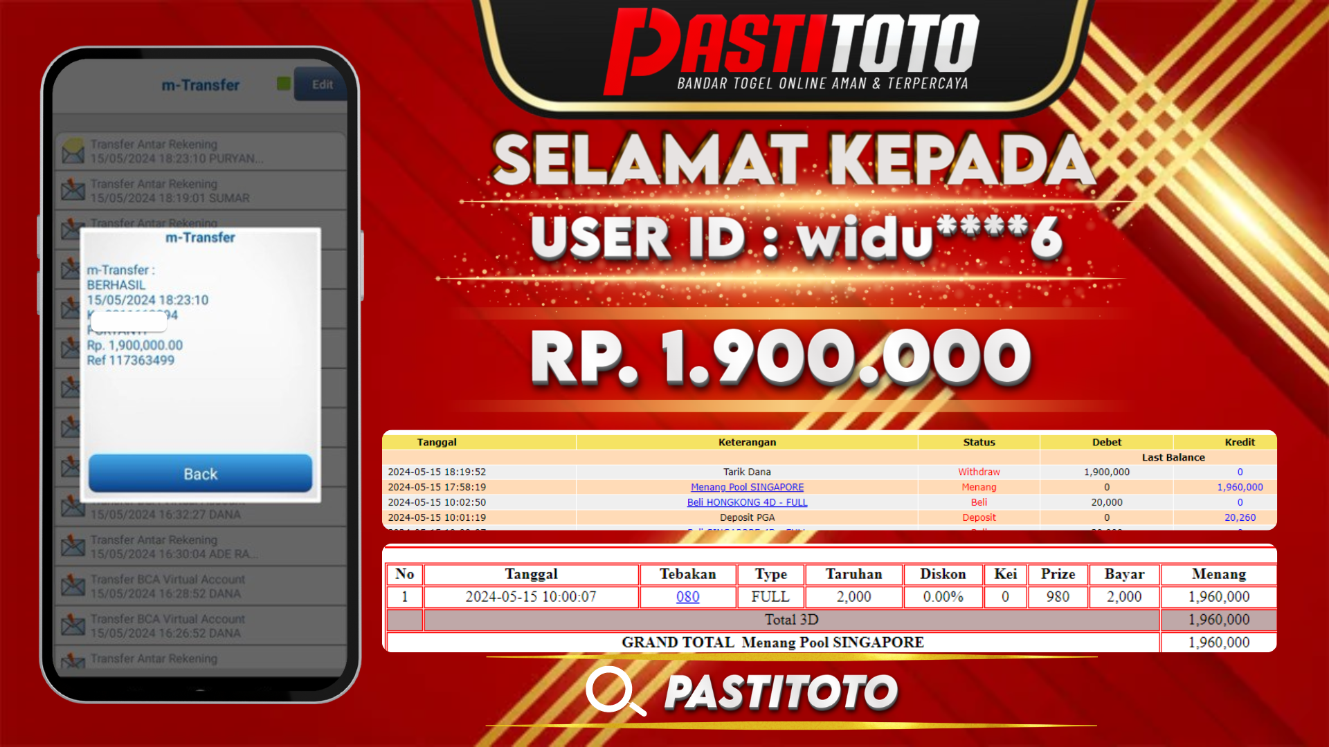 PASTITOTO JACKPOT TOGEL SINGAPORE RP. 1.900.000,- LUNAS