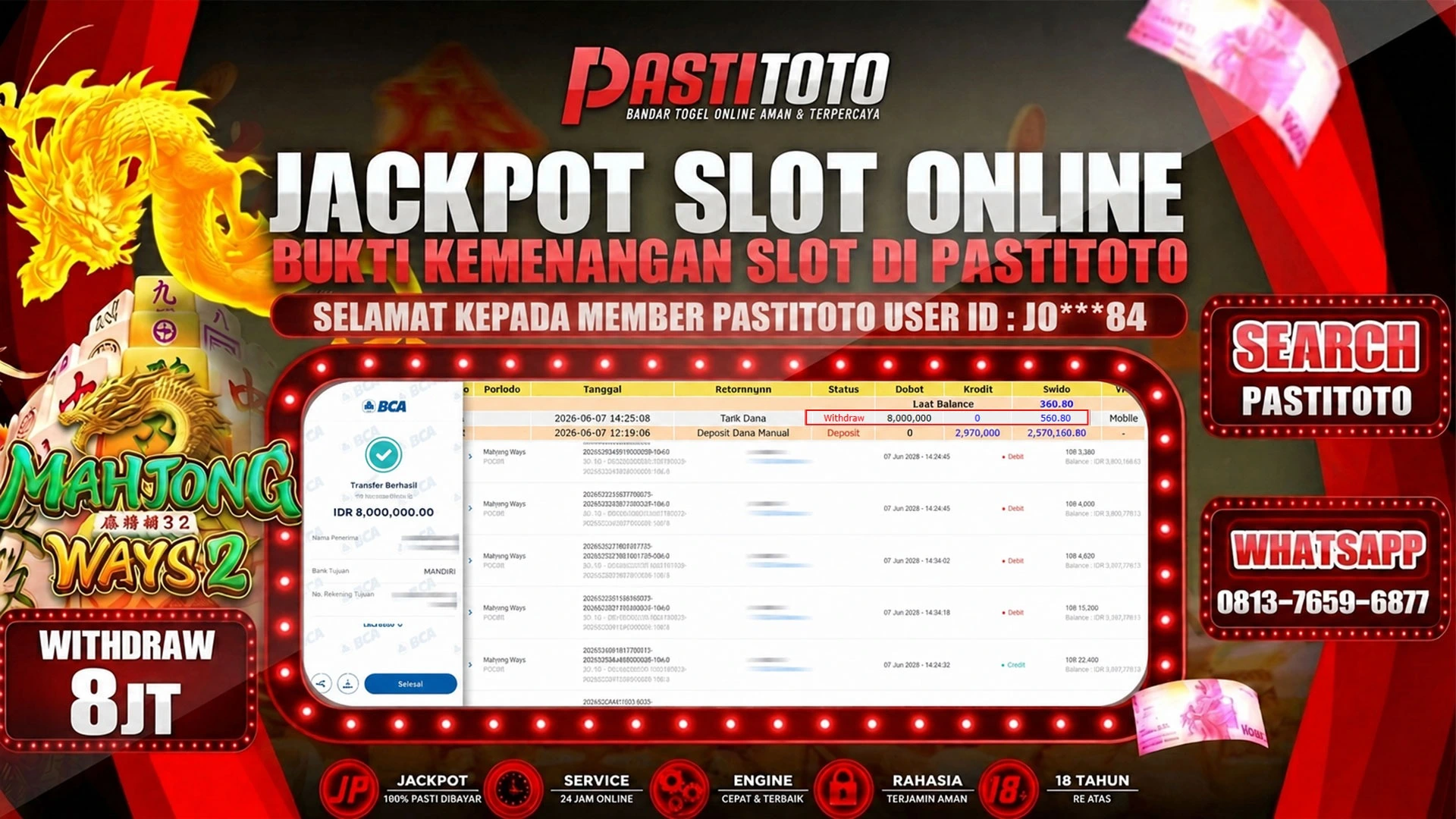 PASTITOTO JACKPOT SLOT MAHJONG WAYS 2 RP. 8.000.000,- LUNAS