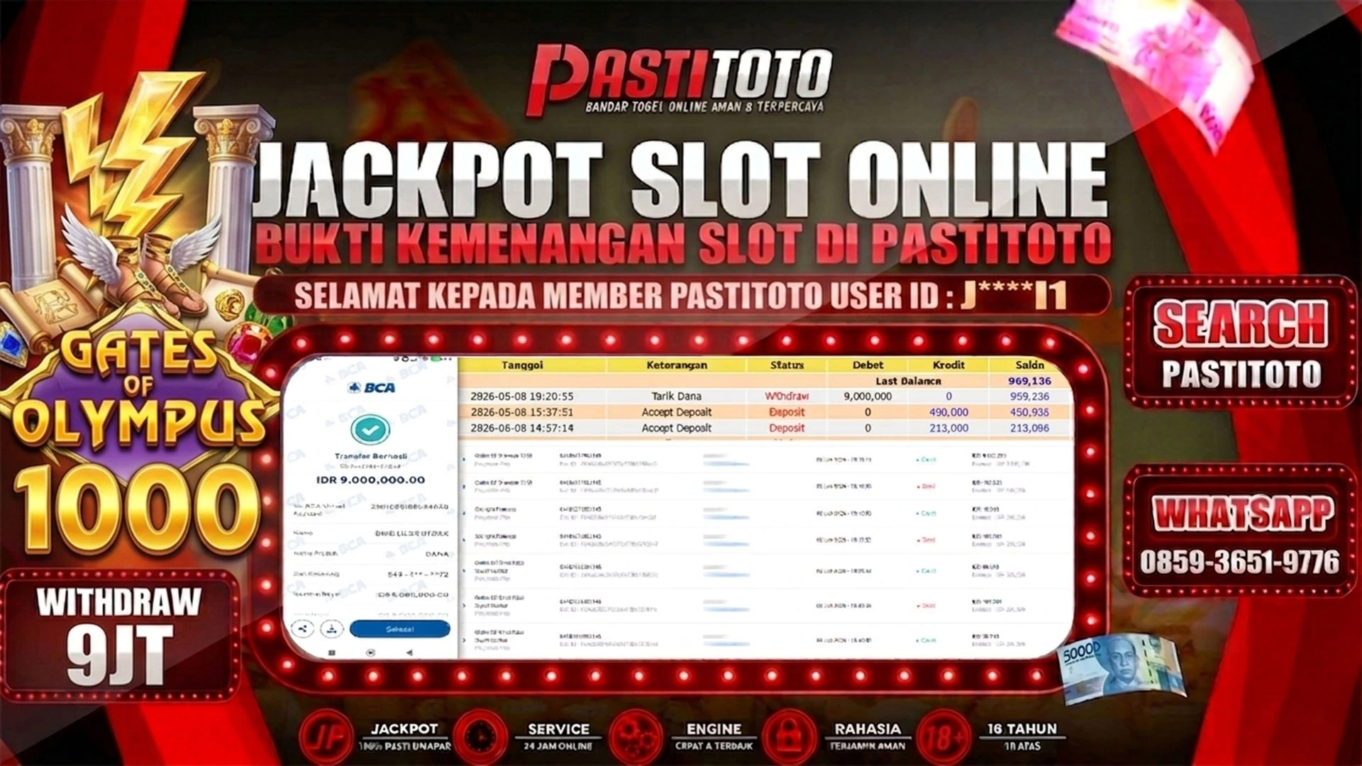 PASTITOTO JACKPOT SLOT GATES OF OLYMPUS 1000 RP. 9.000.000,- LUNAS