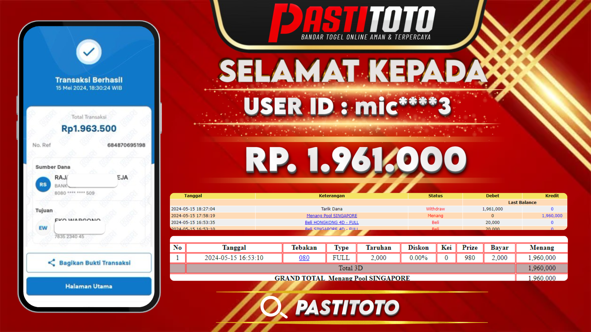 PASTITOTO JACKPOT TOGEL SINGAPORE RP. 1.961.000,- LUNAS