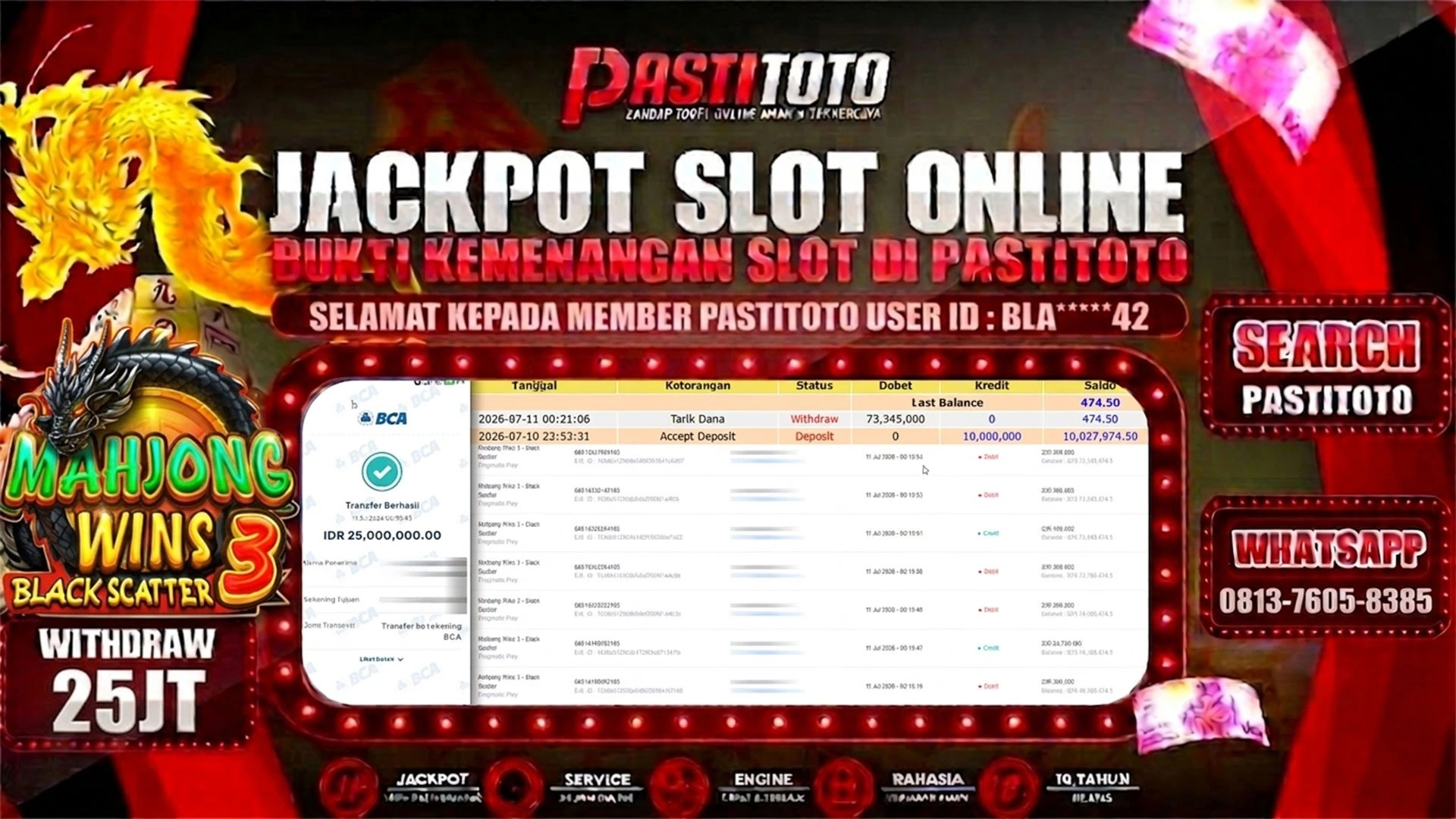 PASTITOTO JACKPOT SLOT MAHJONG WINS BLACK SCATTER 3 RP. 25.000.000,- LUNAS