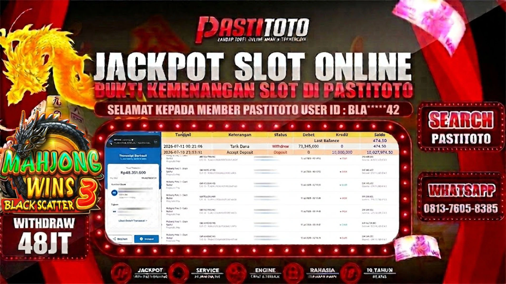 PASTITOTO JACKPOT SLOT MAHJONG WINS BLACK SCATTER 3 RP. 48.000.000,- LUNAS