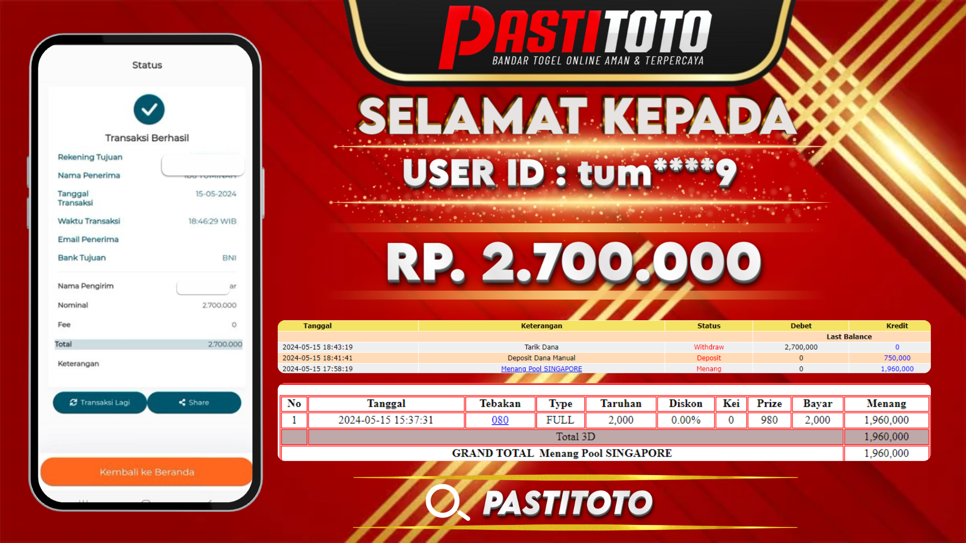 PASTITOTO JACKPOT TOGEL SINGAPORE RP. 2.700.000,- LUNAS