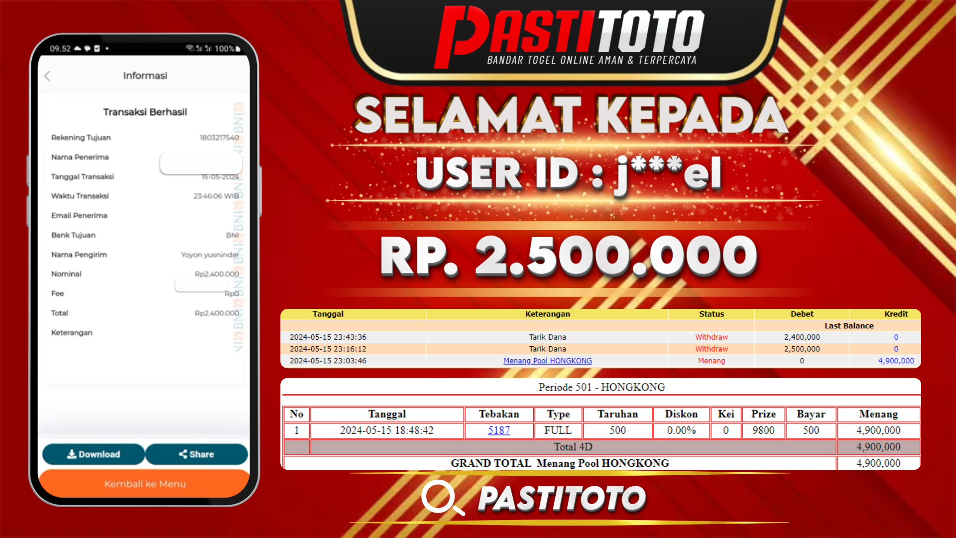 PASTITOTO JACKPOT TOGEL HONGKONG RP. 2.500.000,- LUNAS