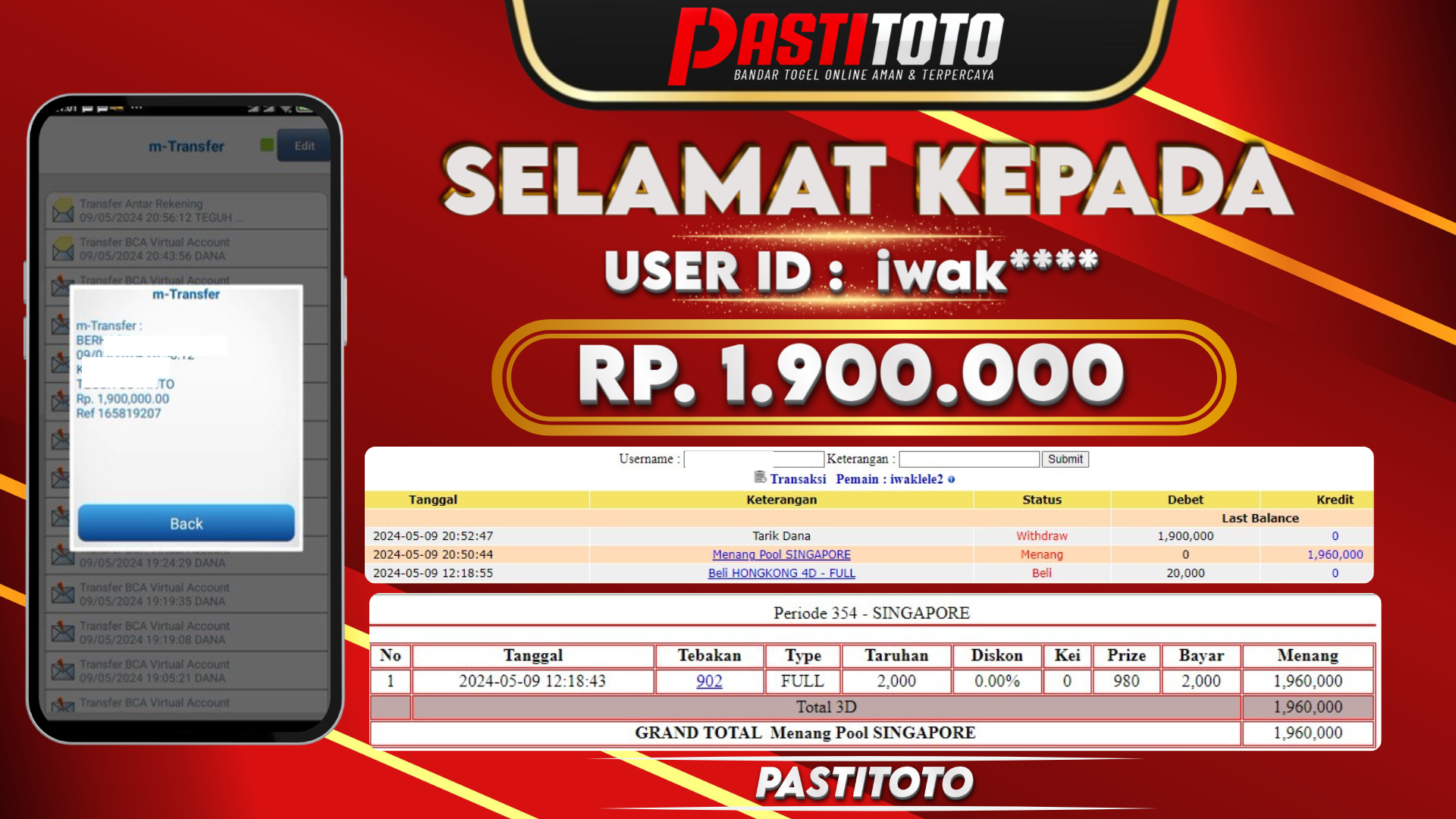 PASTITOTO JACKPOT TOGEL SINGAPORE RP. 1.900.000,- LUNAS