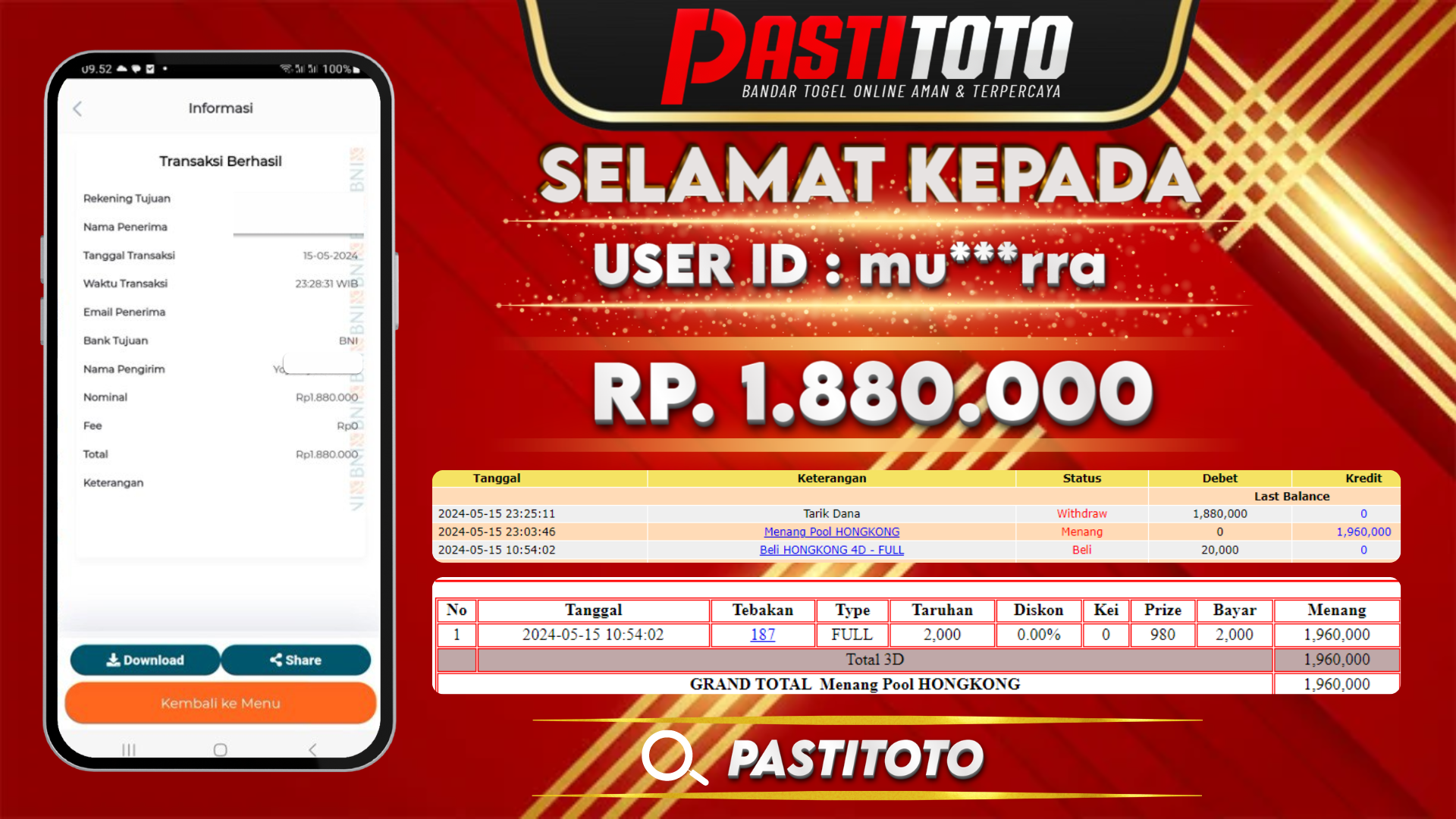 PASTITOTO JACKPOT TOGEL HONGKONG RP. 1.880.000,- LUNAS