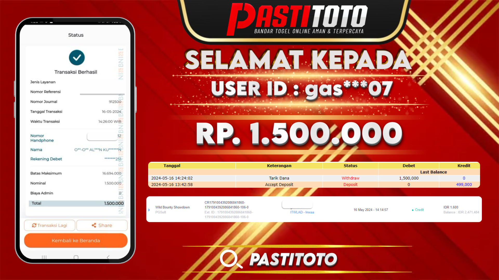 PASTITOTO JACKPOT SLOT GAME RP. 1.500.000,- LUNAS