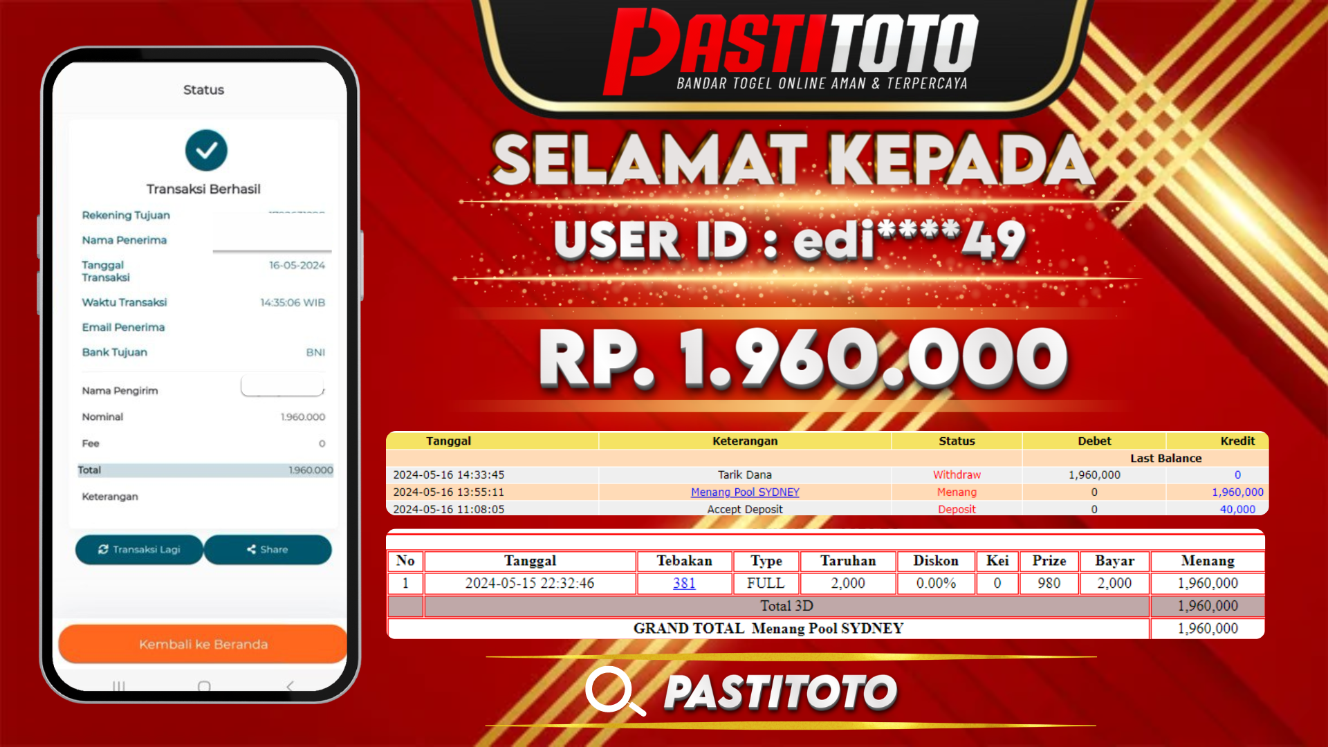 PASTITOTO JACKPOT TOGEL SYDNEY RP. 1.960.000,- LUNAS
