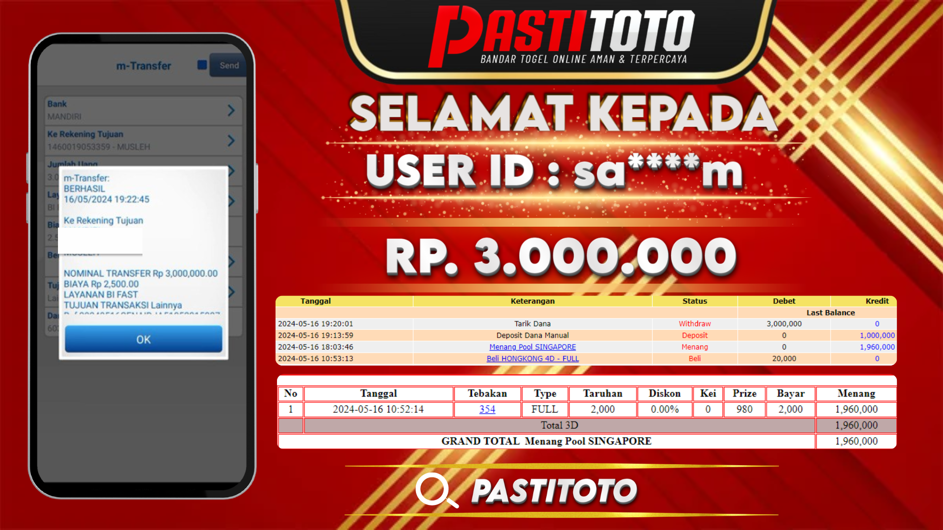 PASTITOTO JACKPOT TOGEL SINGAPORE RP. 3.000.000,- LUNAS