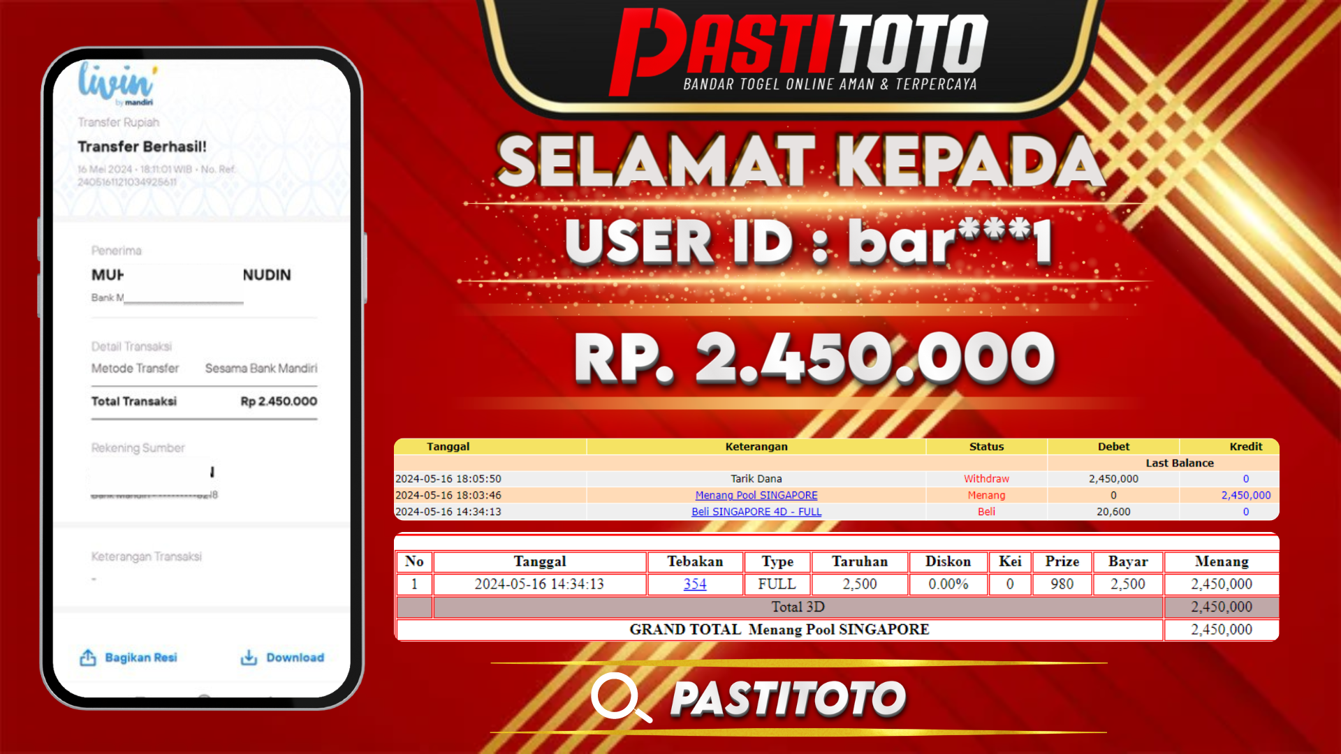 PASTITOTO JACKPOT TOGEL SINGAPORE RP. 2.450.000,- LUNAS
