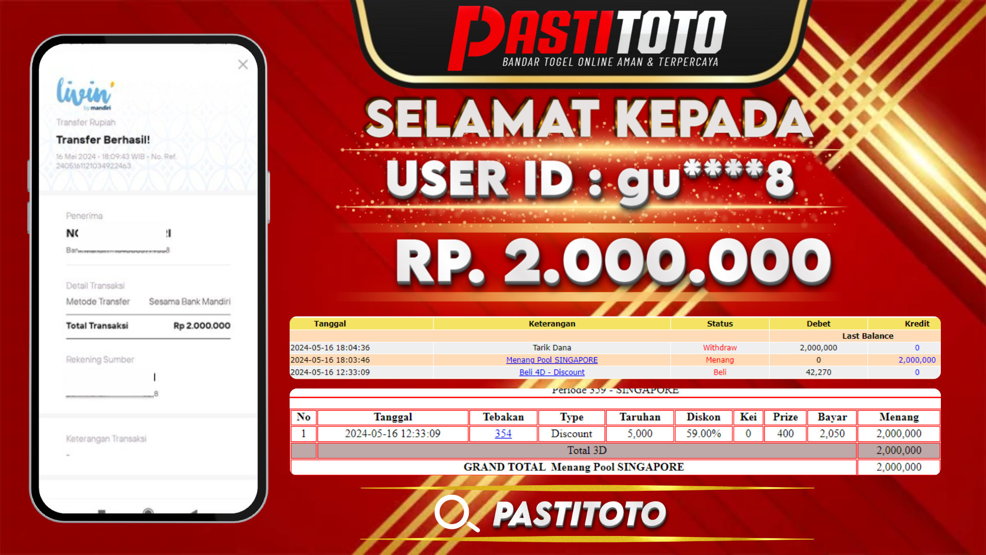 PASTITOTO JACKPOT TOGEL SINGAPORE RP. 2.000.000,- LUNAS