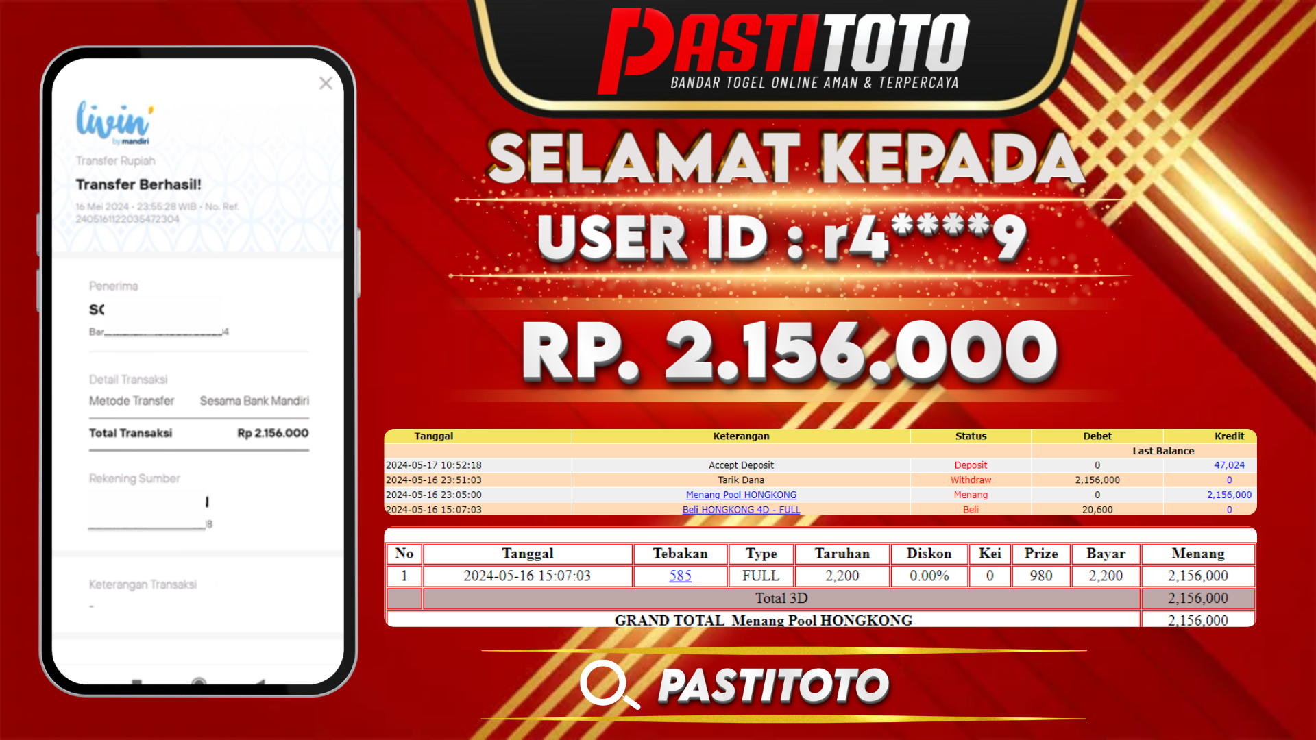 PASTITOTO JACKPOT TOGEL HONGKONG RP. 2.156.000,- LUNAS