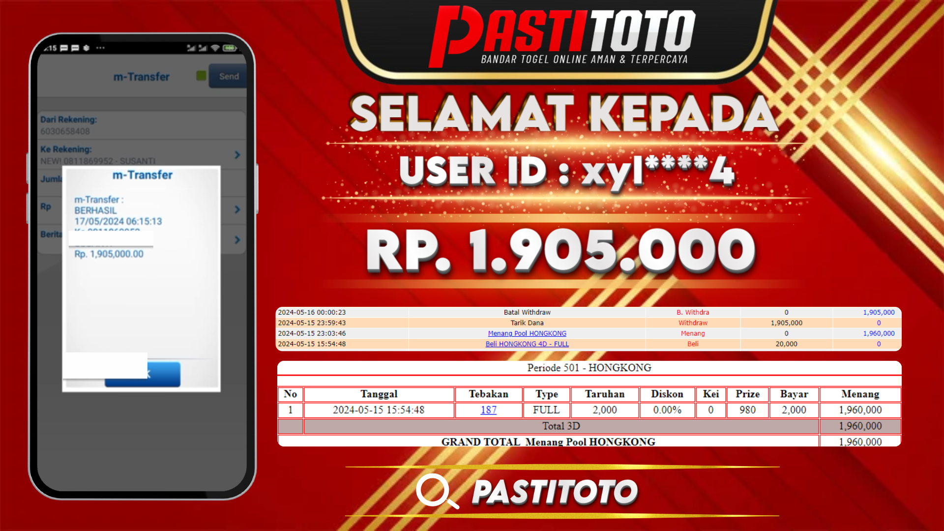 PASTITOTO JACKPOT TOGEL HONGKONG RP. 1.905.000,- LUNAS