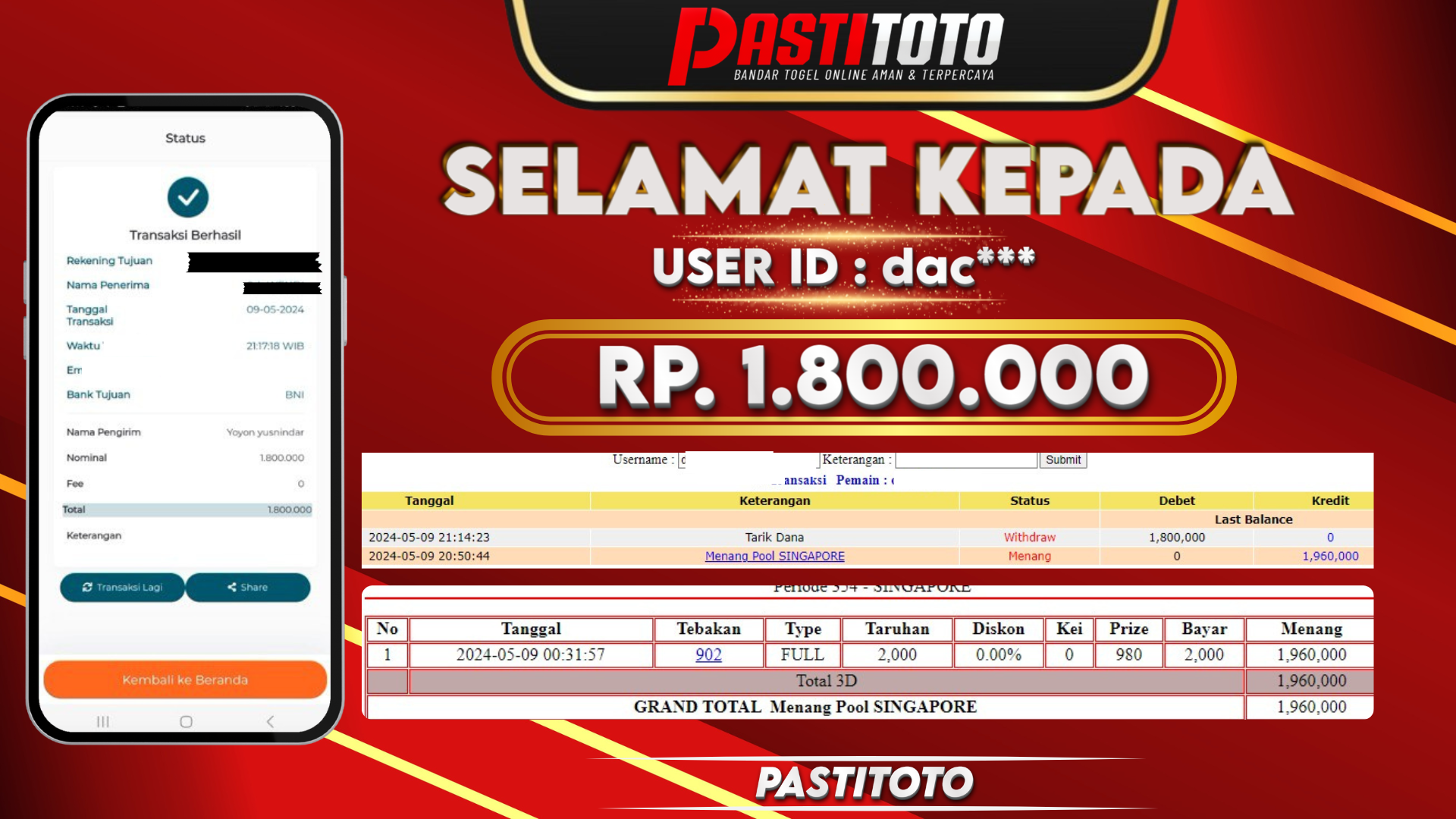 PASTITOTO JACKPOT TOGEL SINGAPORE RP. 1.800.000,- LUNAS