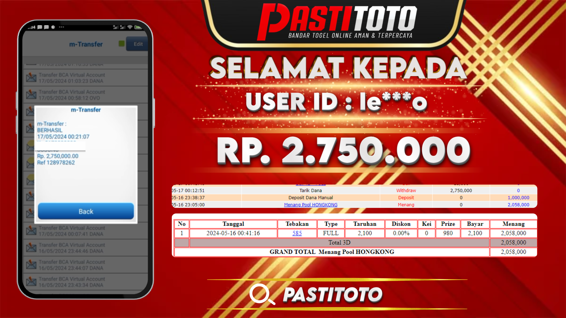 PASTITOTO JACKPOT TOGEL HONGKONG RP. 2.750.000,- LUNAS