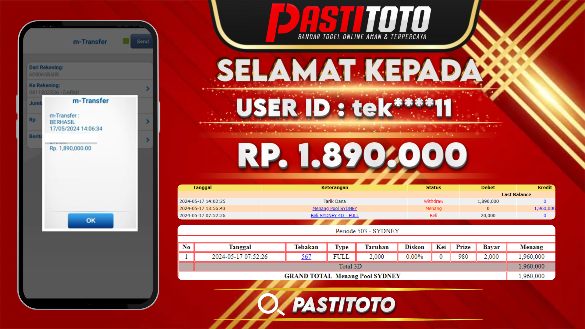 PASTITOTO JACKPOT TOGEL SYDNEY RP. 1.890.000,- LUNAS