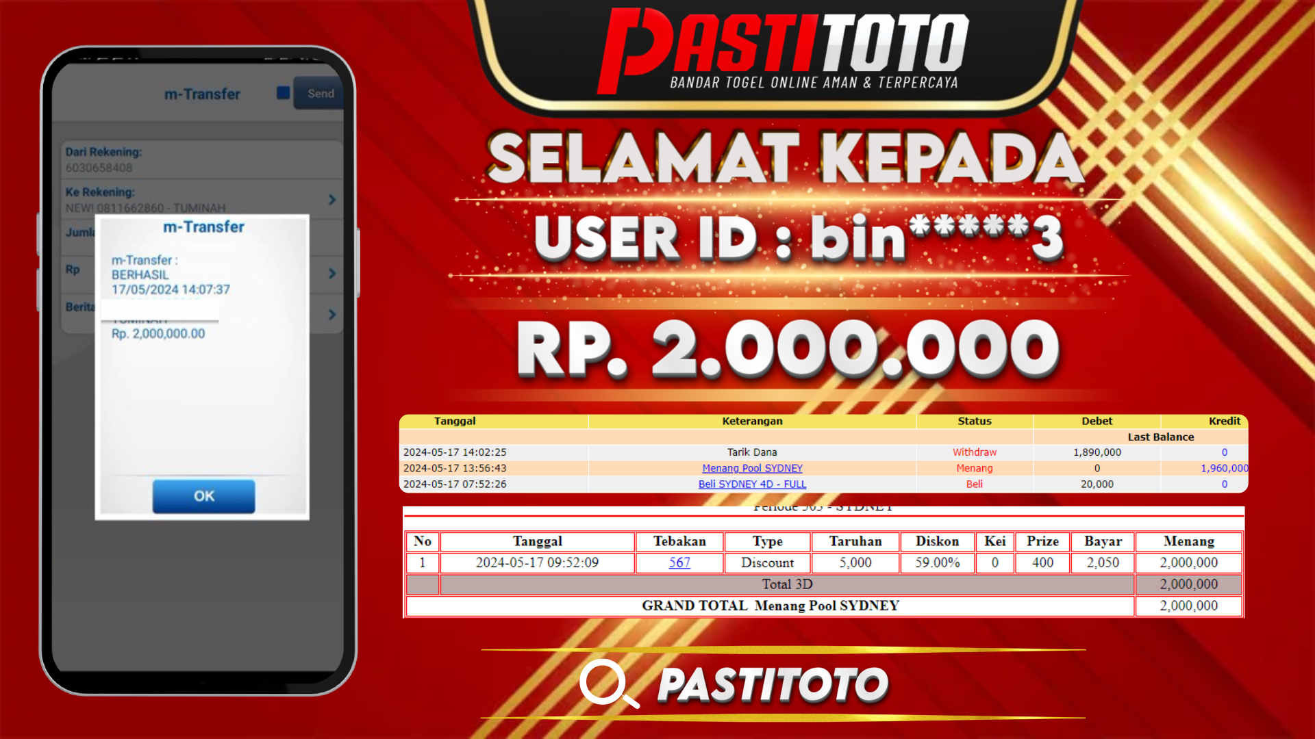 PASTITOTO JACKPOT TOGEL SYDNEY RP. 2.000.000,- LUNAS