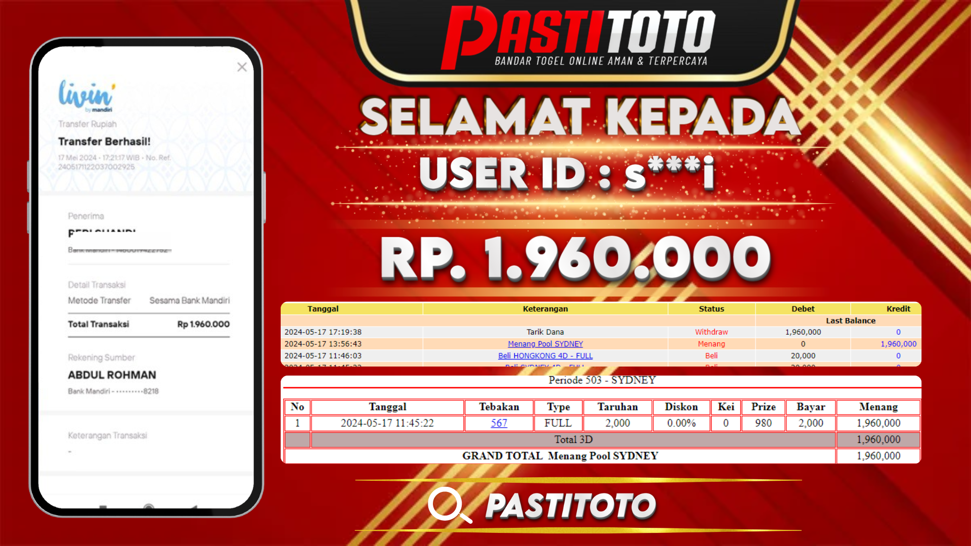 PASTITOTO JACKPOT TOGEL SYDNEY RP. 1.960.000,- LUNAS