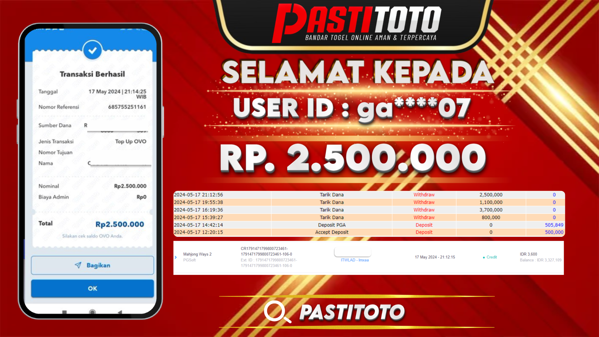 PASTITOTO JACKPOT SLOT GAME RP. 2.500.000,- LUNAS