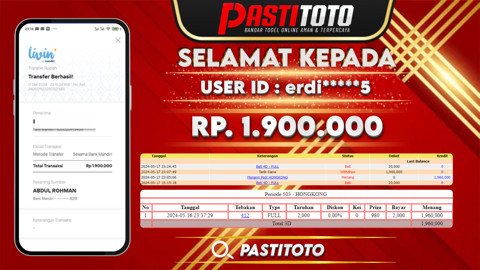 PASTITOTO JACKPOT TOGEL HONGKONG RP. 1.900.000,- LUNAS