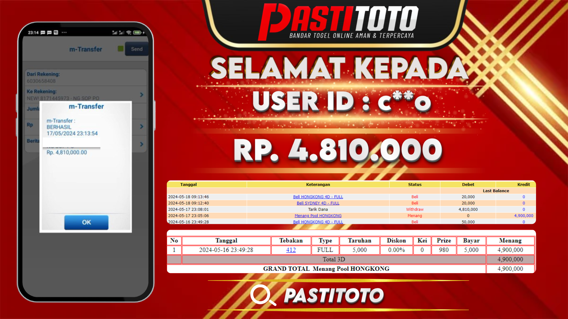 PASTITOTO JACKPOT TOGEL HONGKONG RP. 4.810.000,- LUNAS