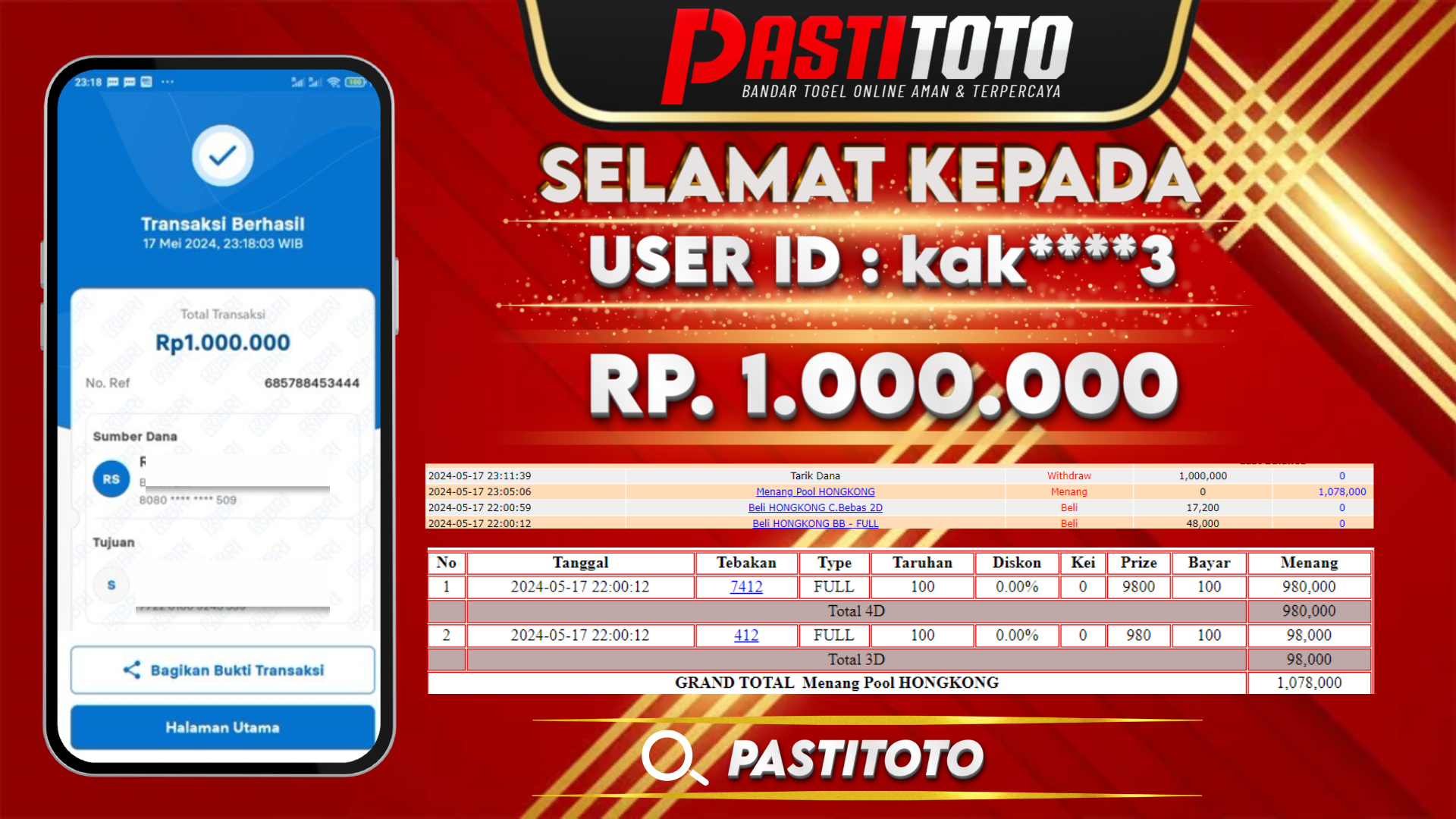 PASTITOTO JACKPOT TOGEL HONGKONG RP. 1.000.000,- LUNAS