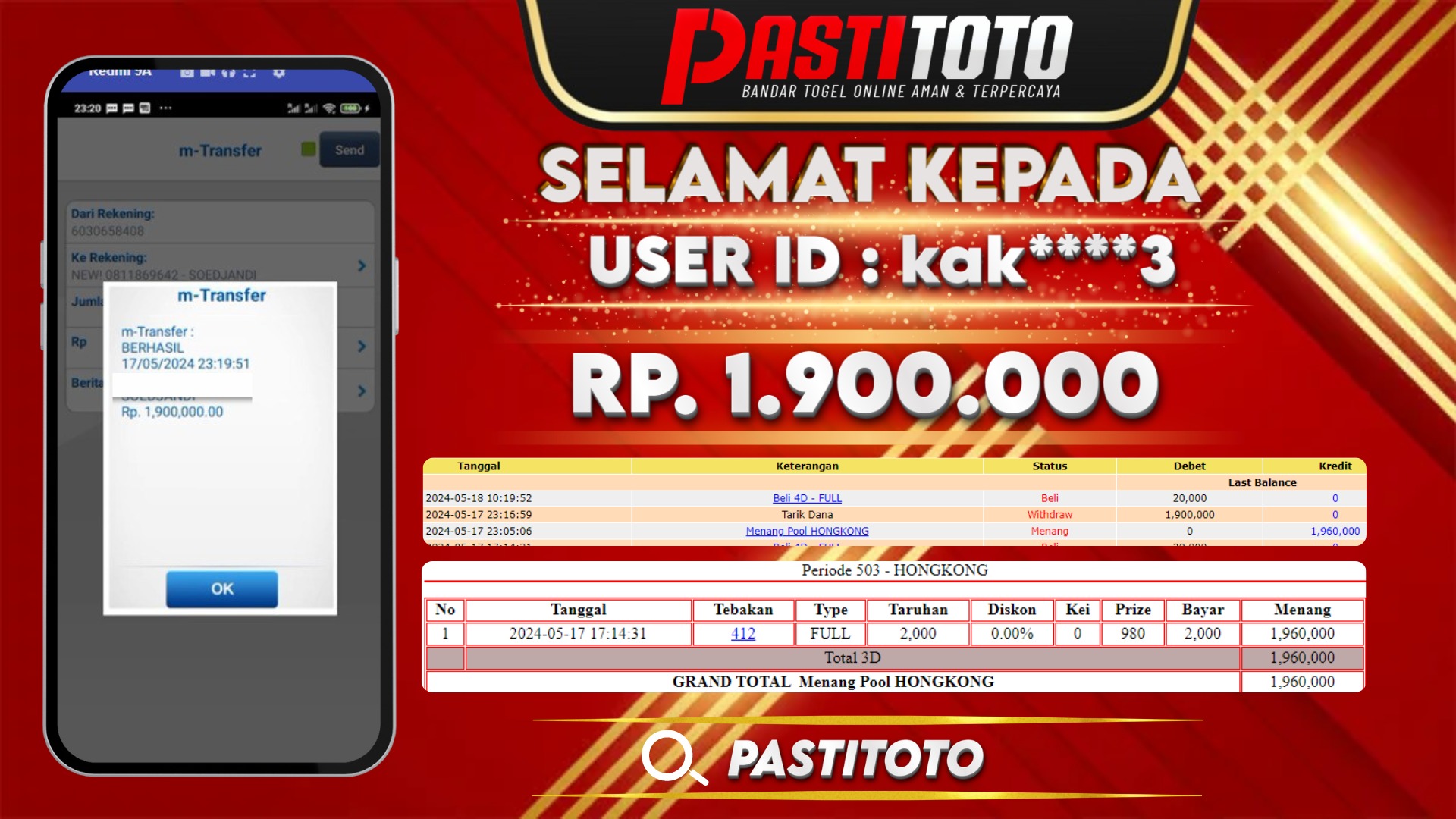 PASTITOTO JACKPOT TOGEL HONGKONG RP. 1.900.000,- LUNAS