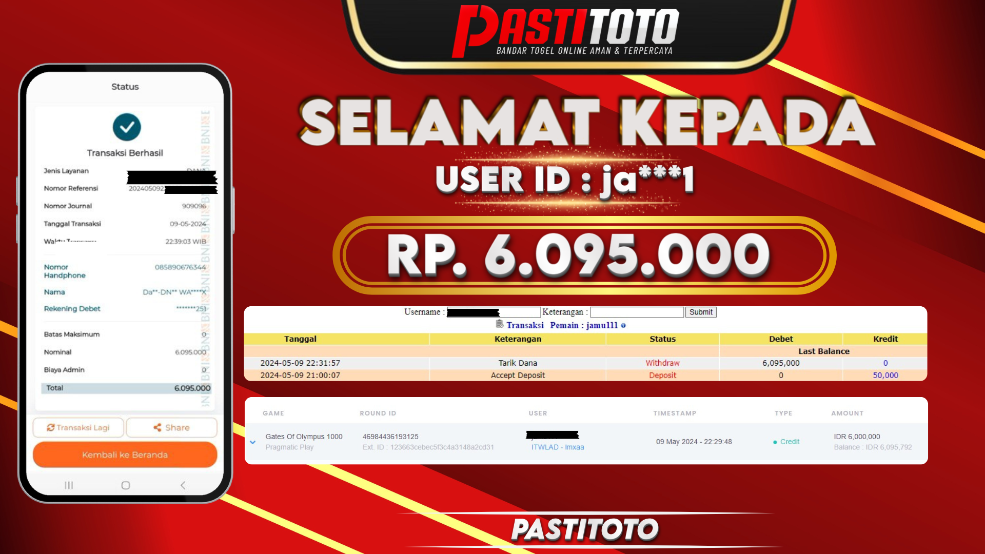 PASTITOTO JACKPOT SLOT GAME RP. 6.095.000,- LUNAS